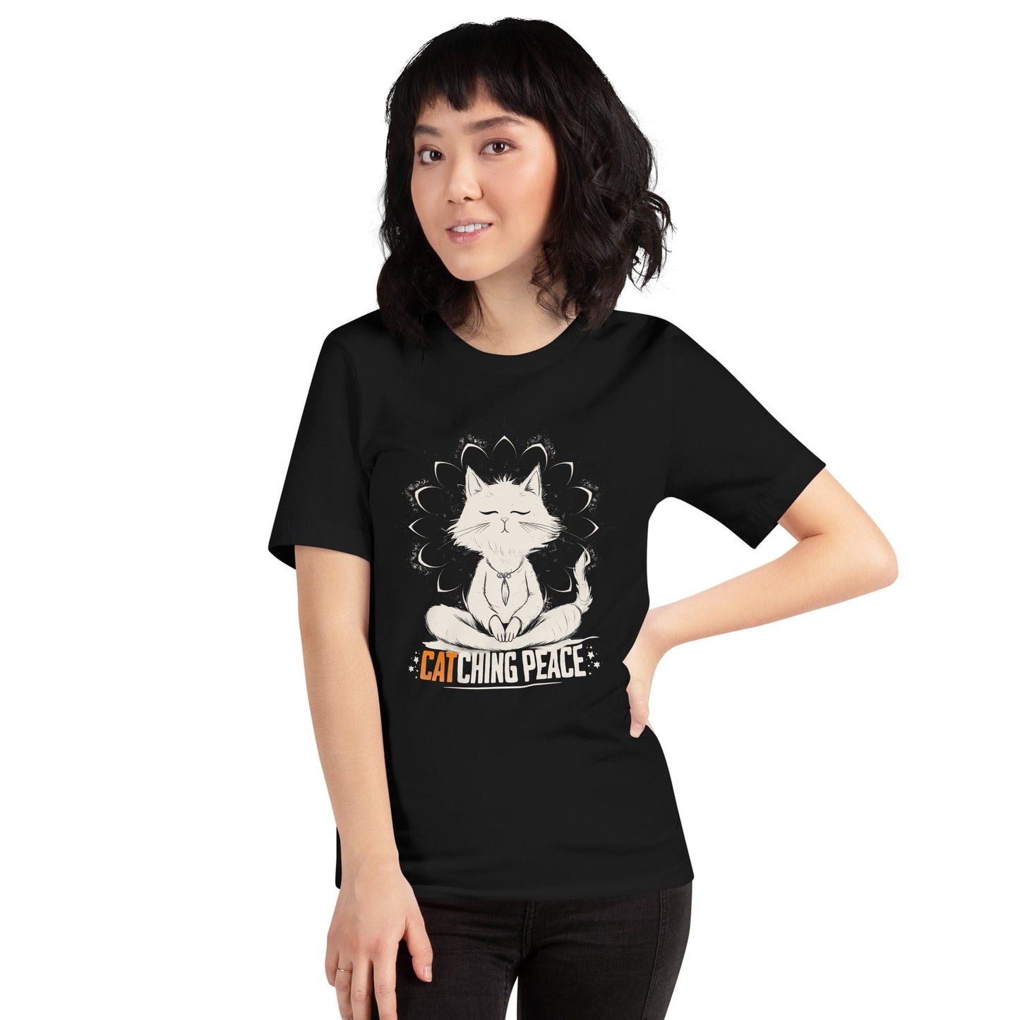 OMTHREAD Catching Peace Cat T-Shirt | Meditating Cat Graphic Tee for Yoga Lovers