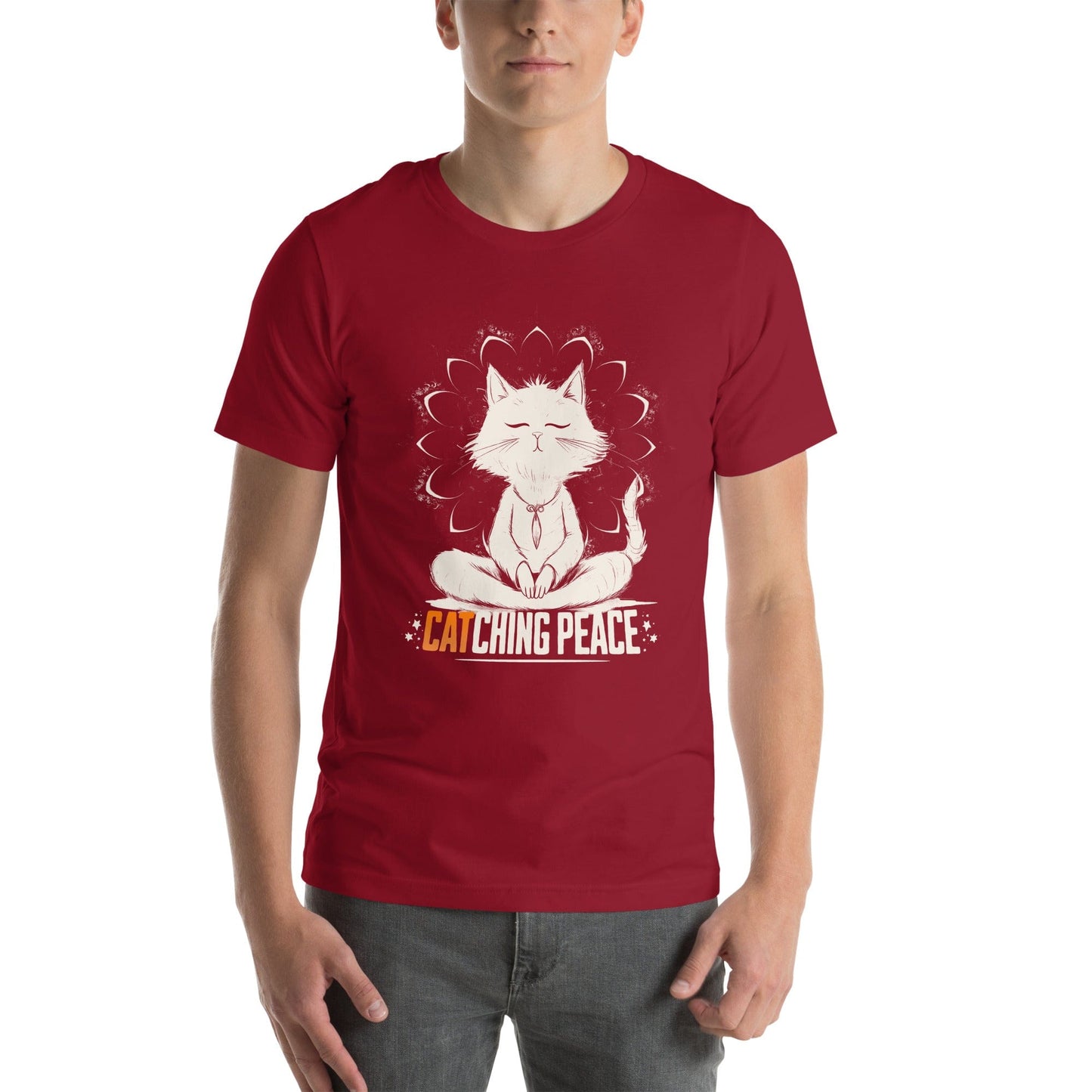 OMTHREAD Catching Peace Cat T-Shirt | Meditating Cat Graphic Tee for Yoga Lovers