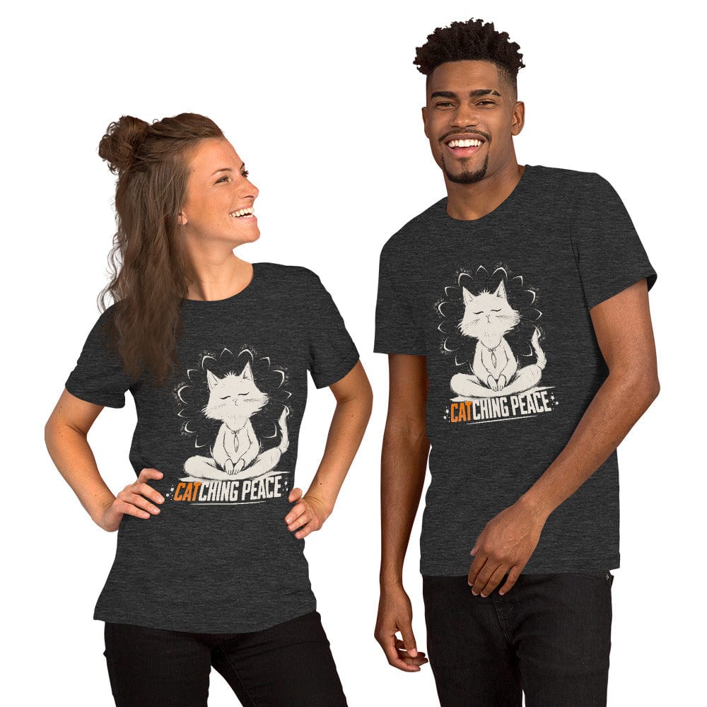 Dark Gray t-shirt featuring a meditating cat in a peaceful lotus pose, surrounded by a mandala-inspired design. Below the cat, the text reads 'Catching Peace' in bold typography. Ideal for yoga lovers, mindfulness seekers, and cat enthusiasts.