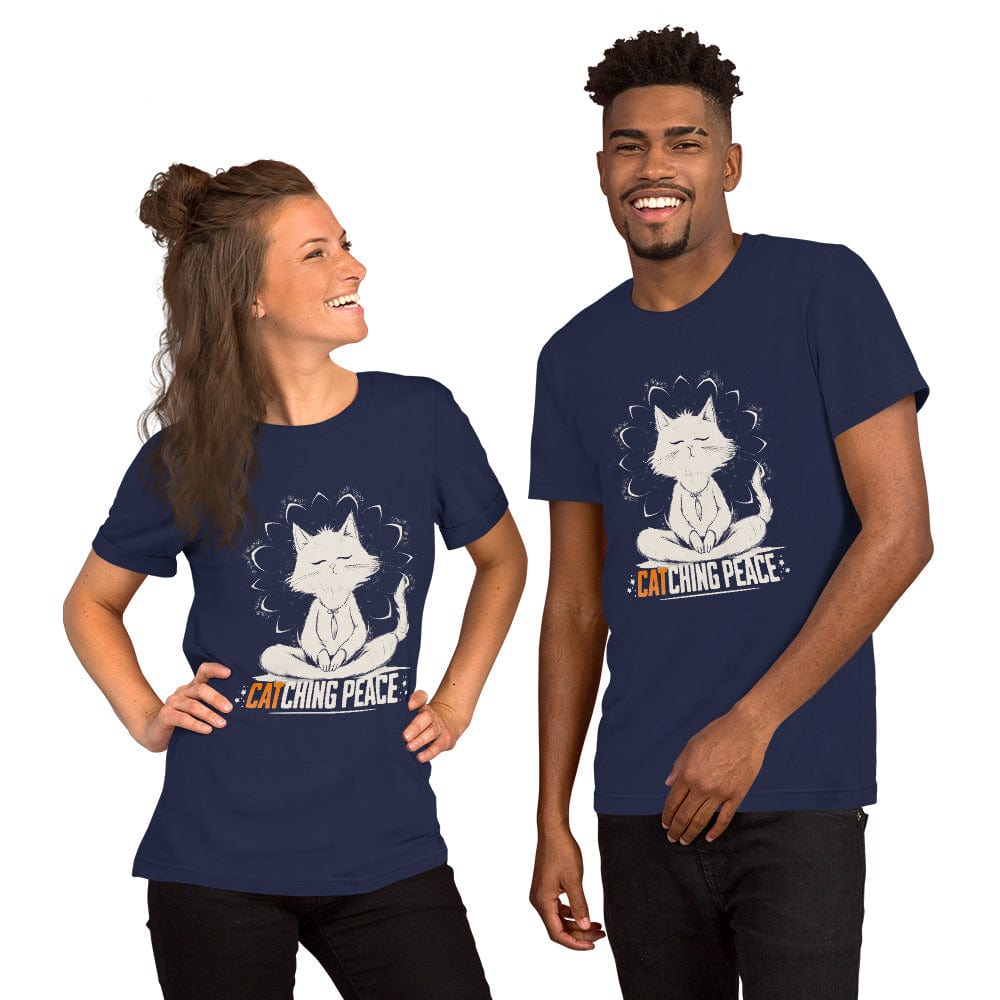OMTHREAD Catching Peace Cat T-Shirt | Meditating Cat Graphic Tee for Yoga Lovers