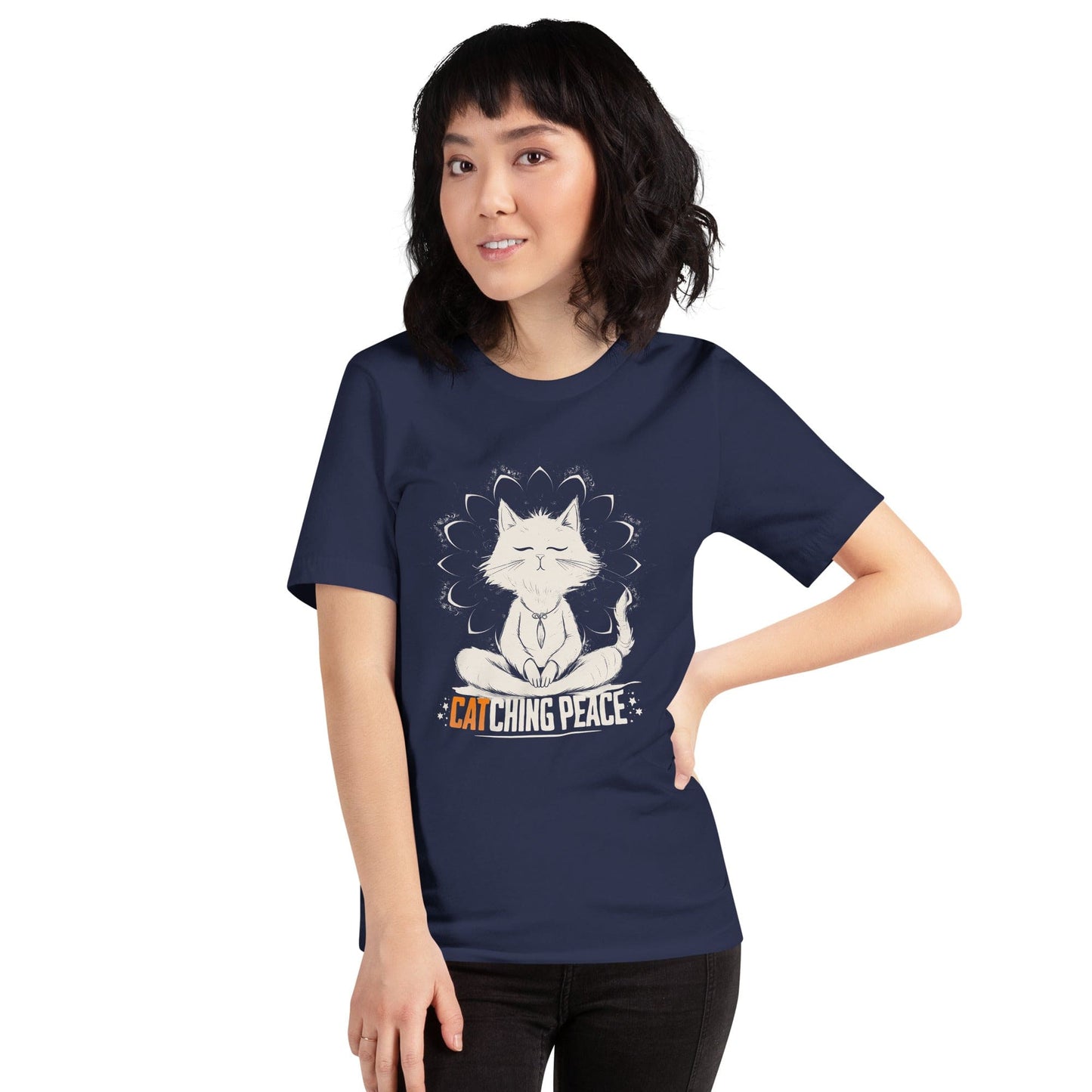 OMTHREAD Catching Peace Cat T-Shirt | Meditating Cat Graphic Tee for Yoga Lovers