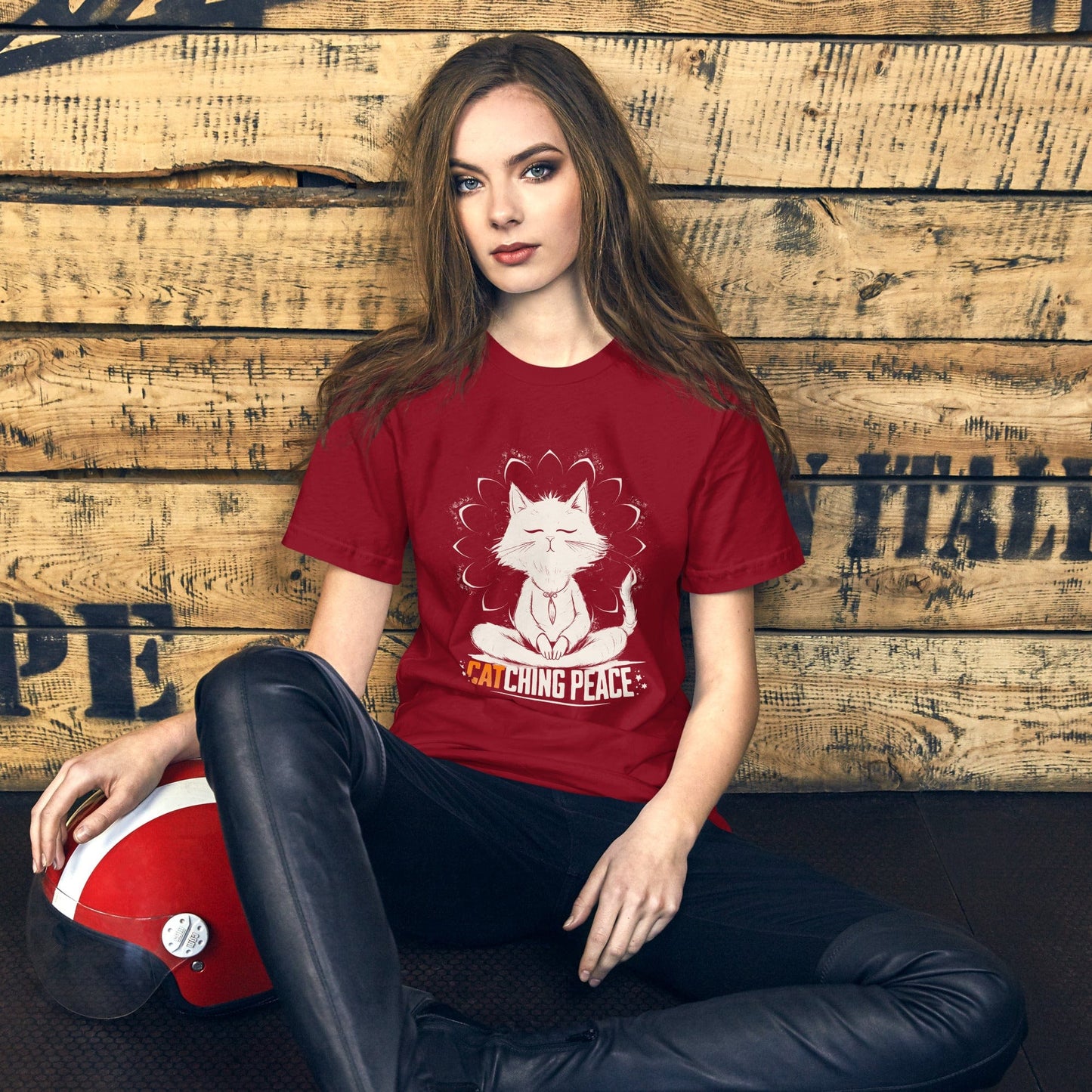 OMTHREAD Catching Peace Cat T-Shirt | Meditating Cat Graphic Tee for Yoga Lovers