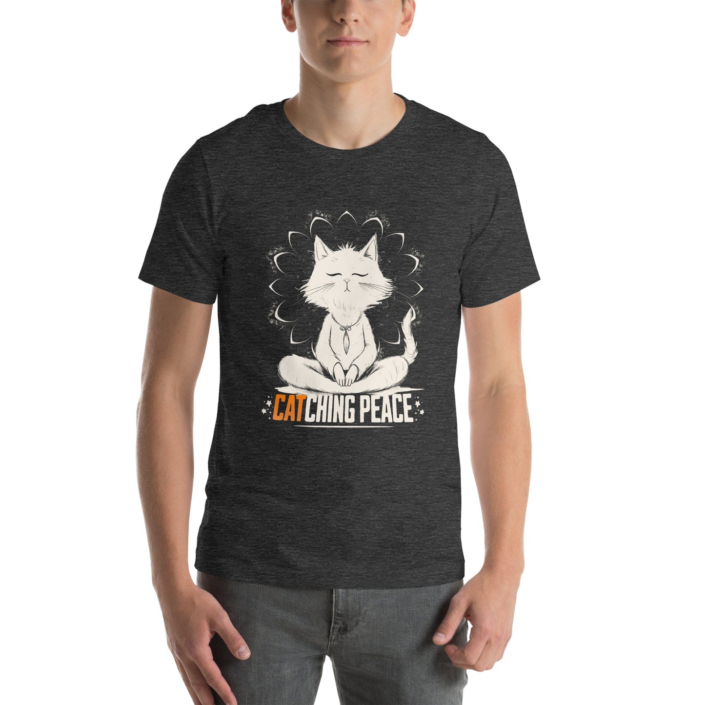 Dark Gray t-shirt featuring a meditating cat in a peaceful lotus pose, surrounded by a mandala-inspired design. Below the cat, the text reads 'Catching Peace' in bold typography. Ideal for yoga lovers, mindfulness seekers, and cat enthusiasts.