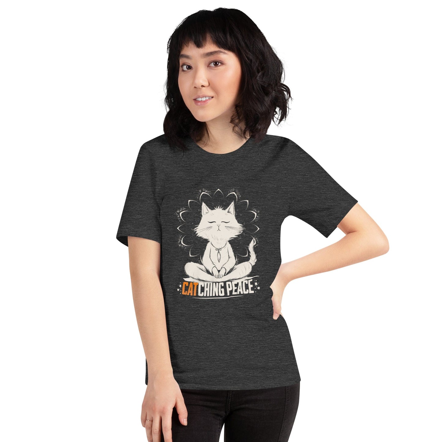 Dark Gray t-shirt featuring a meditating cat in a peaceful lotus pose, surrounded by a mandala-inspired design. Below the cat, the text reads 'Catching Peace' in bold typography. Ideal for yoga lovers, mindfulness seekers, and cat enthusiasts.