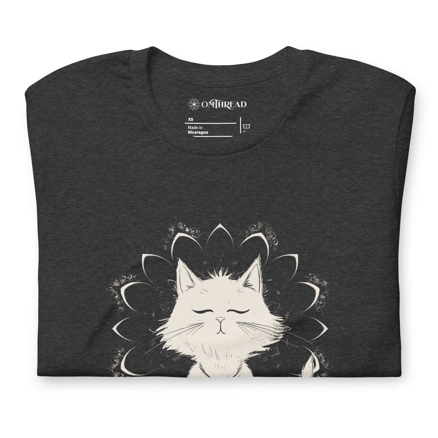 Dark Gray t-shirt featuring a meditating cat in a peaceful lotus pose, surrounded by a mandala-inspired design. Below the cat, the text reads 'Catching Peace' in bold typography. Ideal for yoga lovers, mindfulness seekers, and cat enthusiasts.