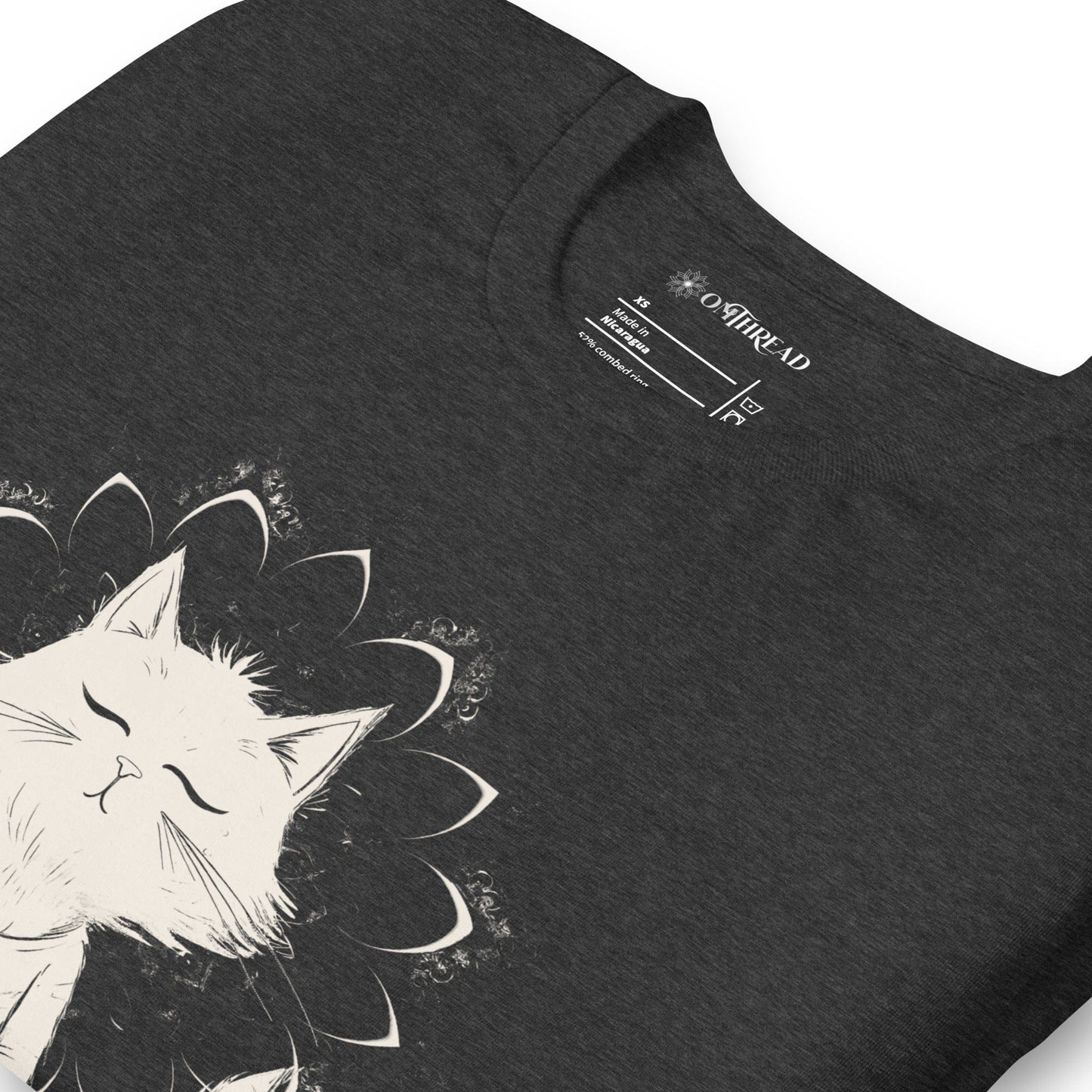 Dark Gray t-shirt featuring a meditating cat in a peaceful lotus pose, surrounded by a mandala-inspired design. Below the cat, the text reads 'Catching Peace' in bold typography. Ideal for yoga lovers, mindfulness seekers, and cat enthusiasts.