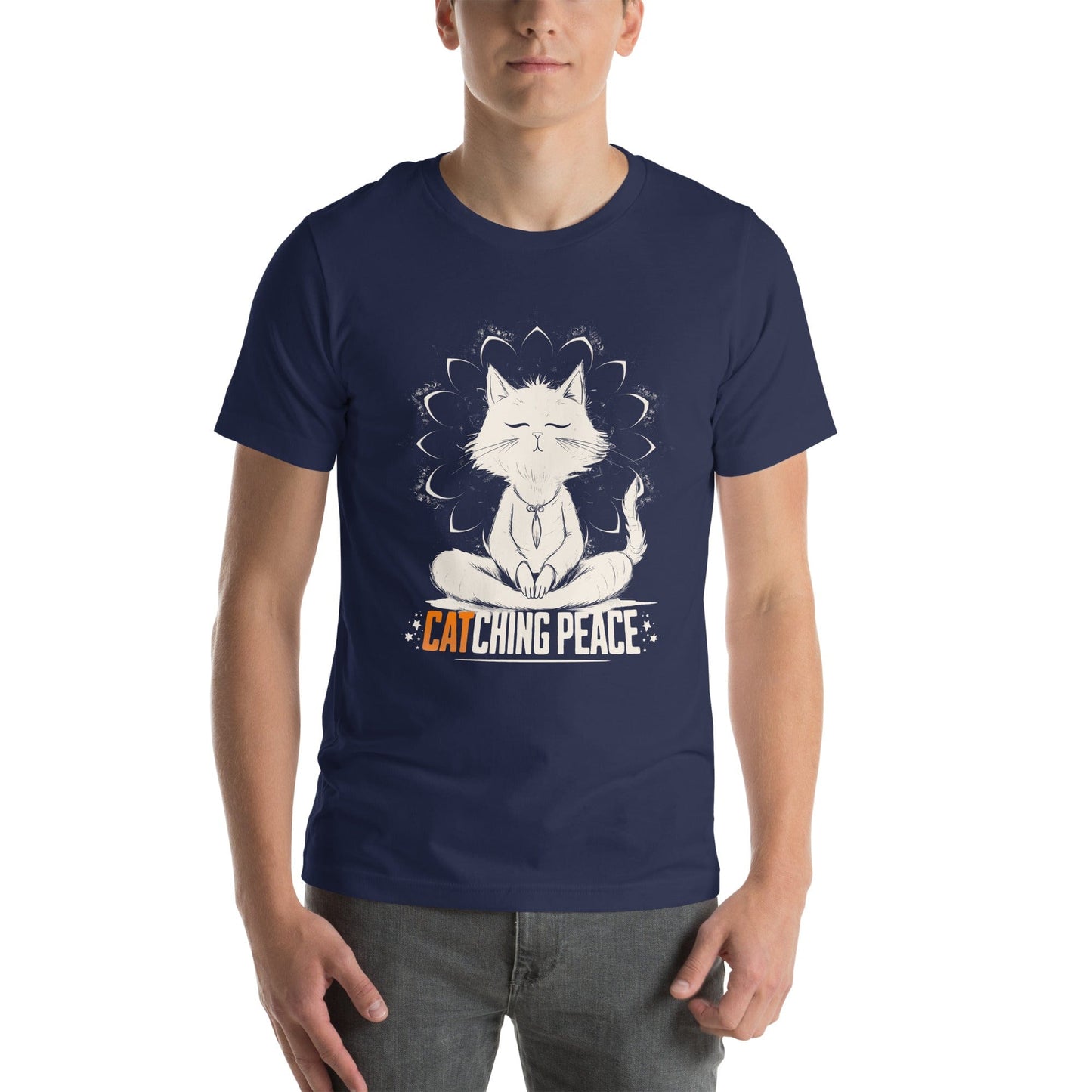 OMTHREAD Catching Peace Cat T-Shirt | Meditating Cat Graphic Tee for Yoga Lovers