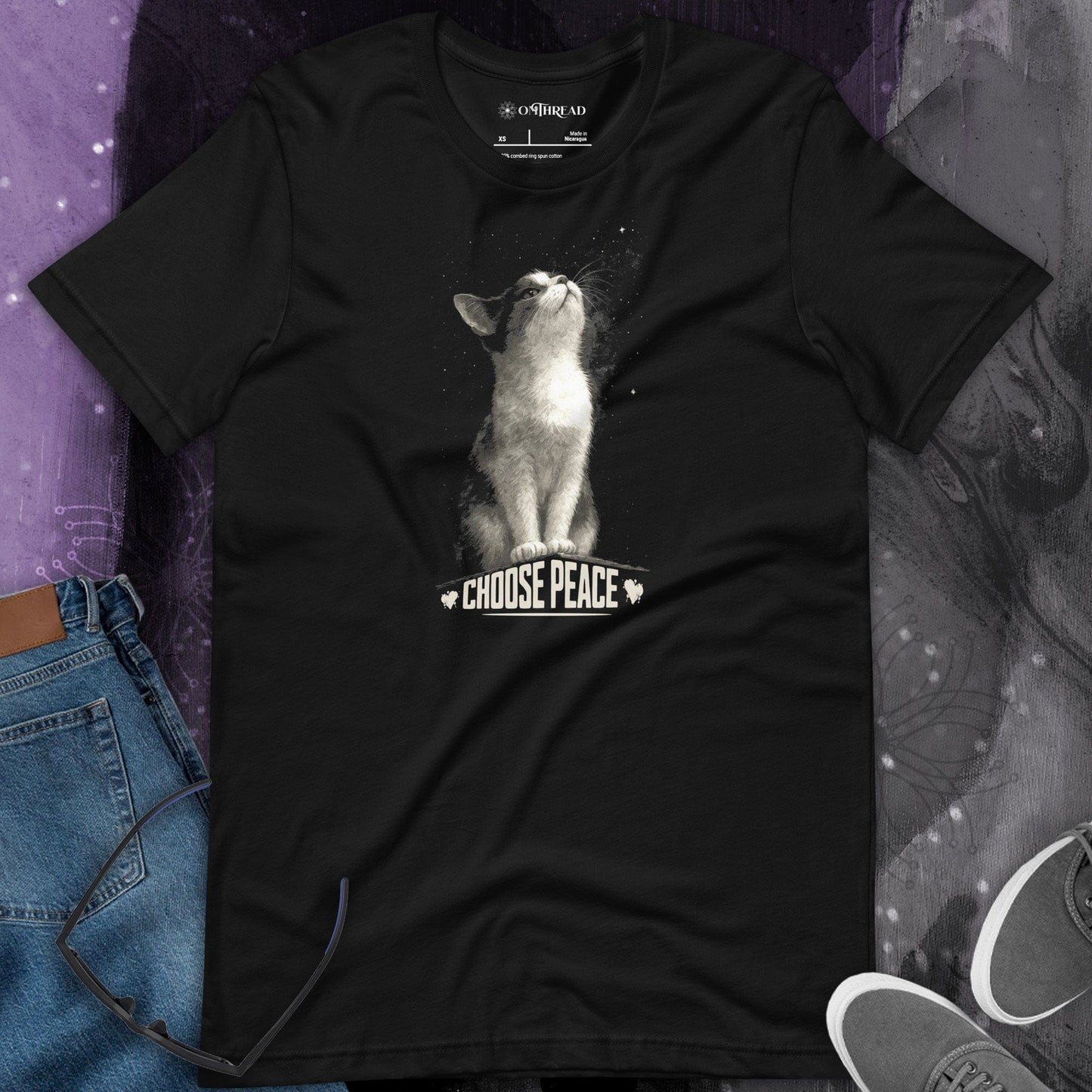 OMTHREAD Choose Peace Cat T-Shirt, Inspirational Cat Shirt, Positive Gift for Cat Lovers