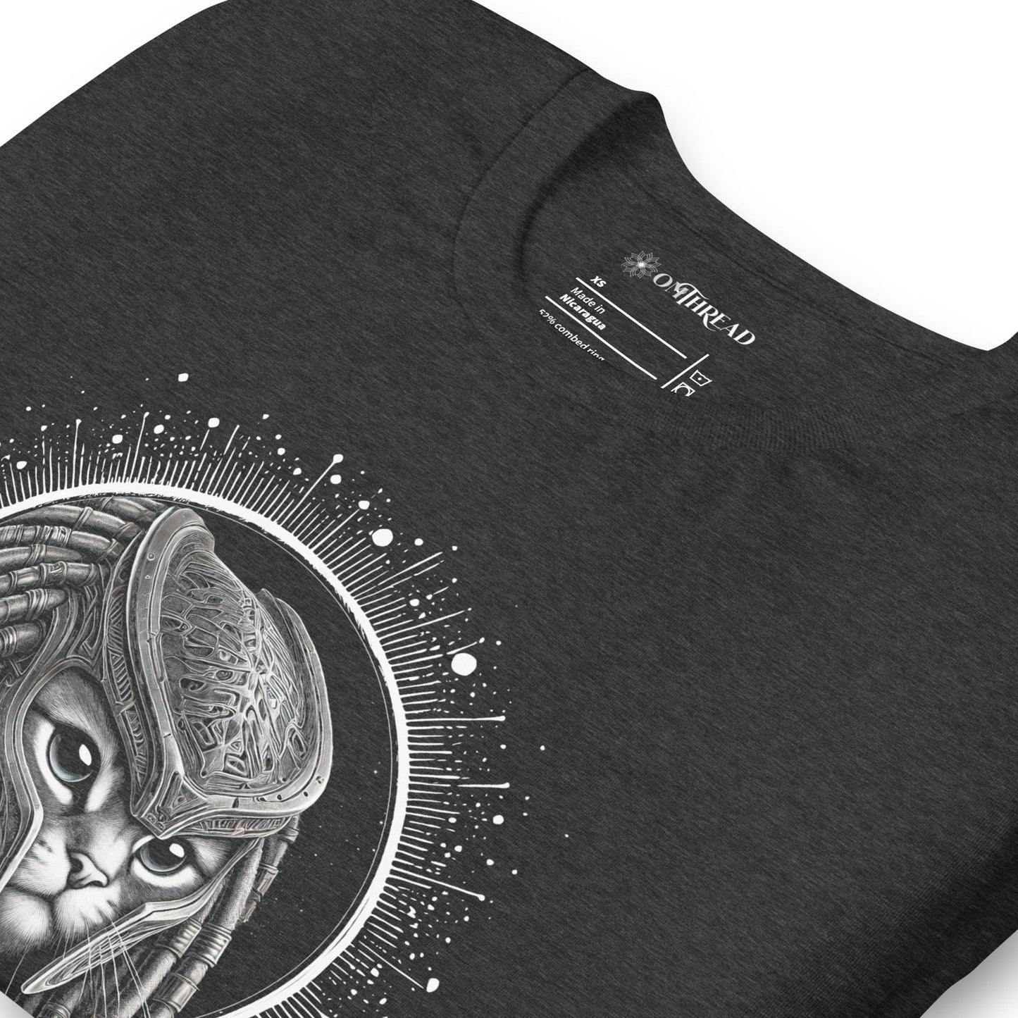 OMTHREAD Cosmic Warrior Cat T-Shirt - Futuristic Alien Cat Tee for Sci-Fi and Space Enthusiasts - Unique Galaxy-Inspired Cat Lover Shirt on Dark Heather Gray