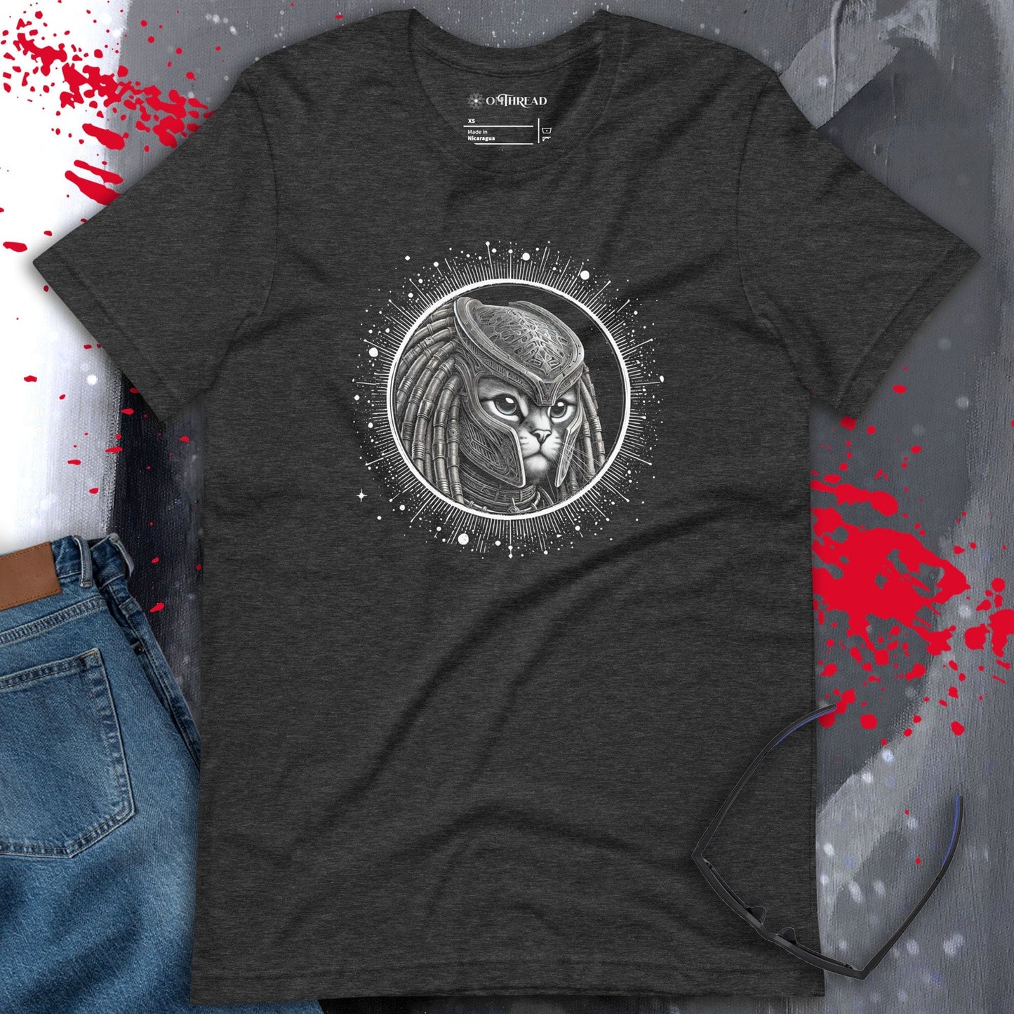 OMTHREAD Cosmic Warrior Cat T-Shirt - Futuristic Alien Cat Tee for Sci-Fi and Space Enthusiasts - Unique Galaxy-Inspired Cat Lover Shirt on Dark Heather Gray