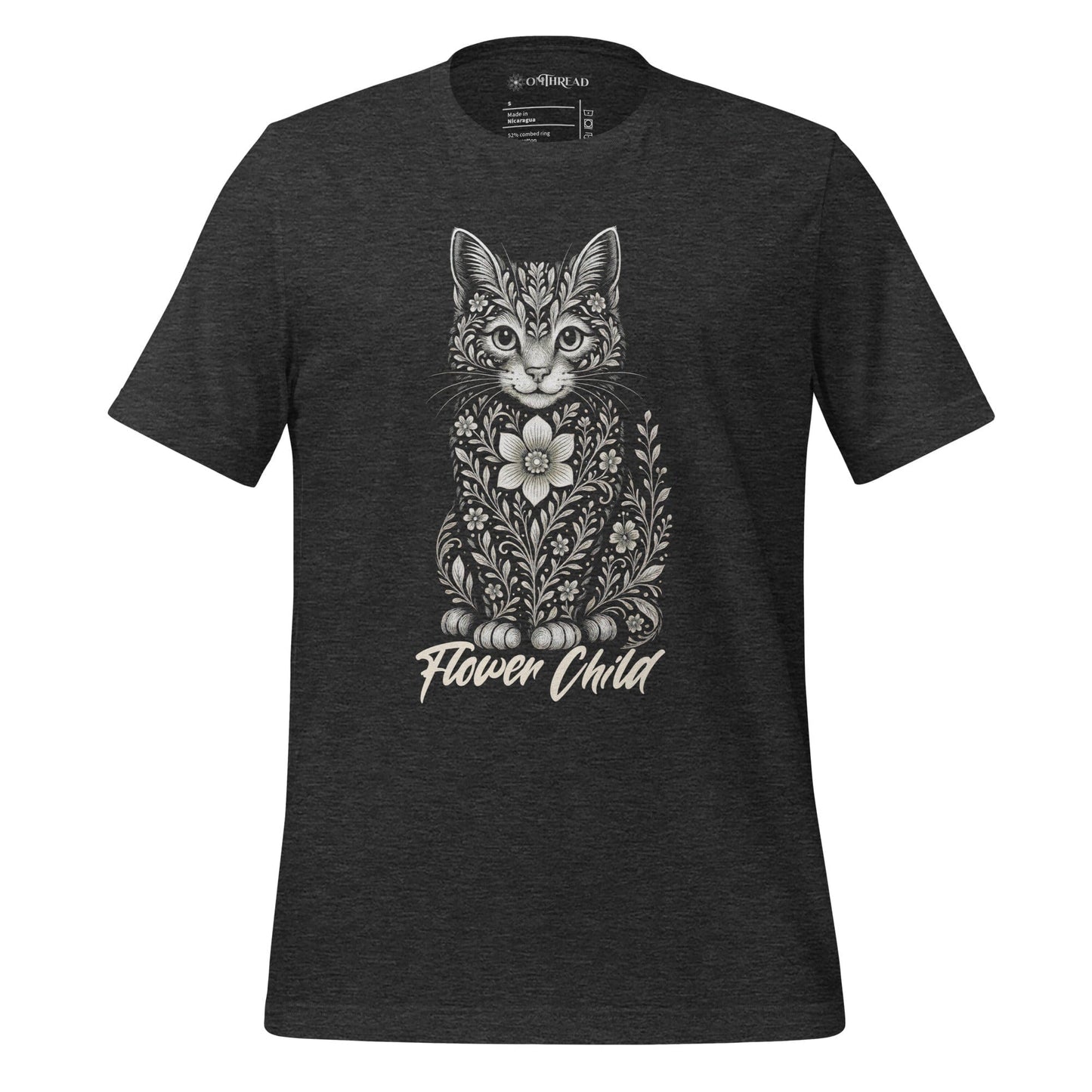 OMTHREAD Dark Grey Heather / S Flower Child Cat Shirt Hippie Floral Cat Design