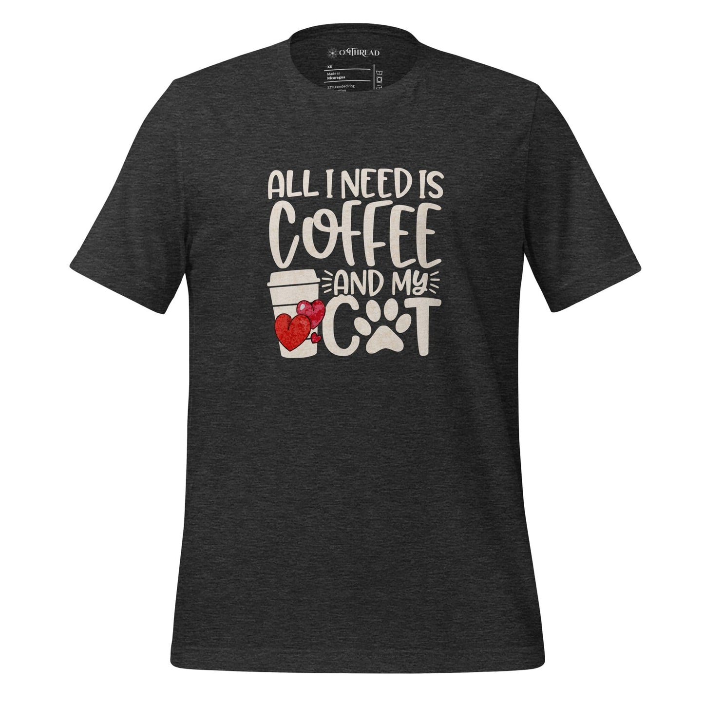 OMTHREAD dark gray t-shirt featuring the phrase "All I Need is Coffee and My Cat" in bold white lettering, accompanied by a heart-decorated coffee cup and a paw print design.
