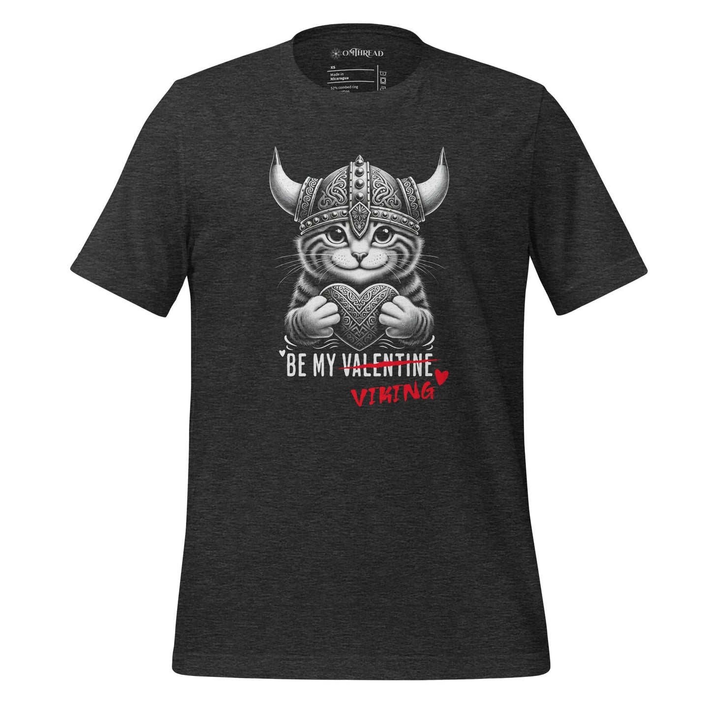 OMTHREAD Dark Grey Heather / XS Be My Valentine Viking Cat T-Shirt | Funny Norse Love Graphic Tee