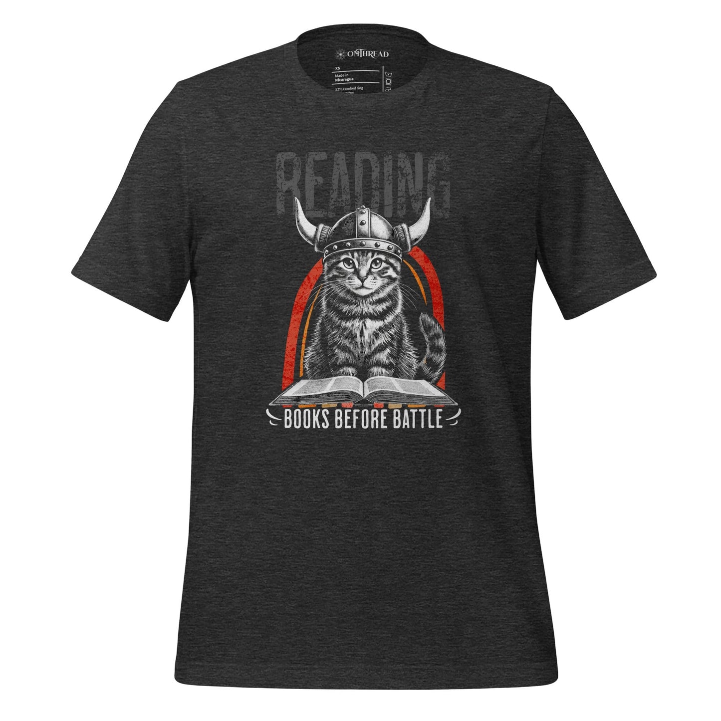OMTHREAD Dark Grey Heather / XS Books Before Battle Viking Cat T-Shirt | Funny Feline Graphic Tee