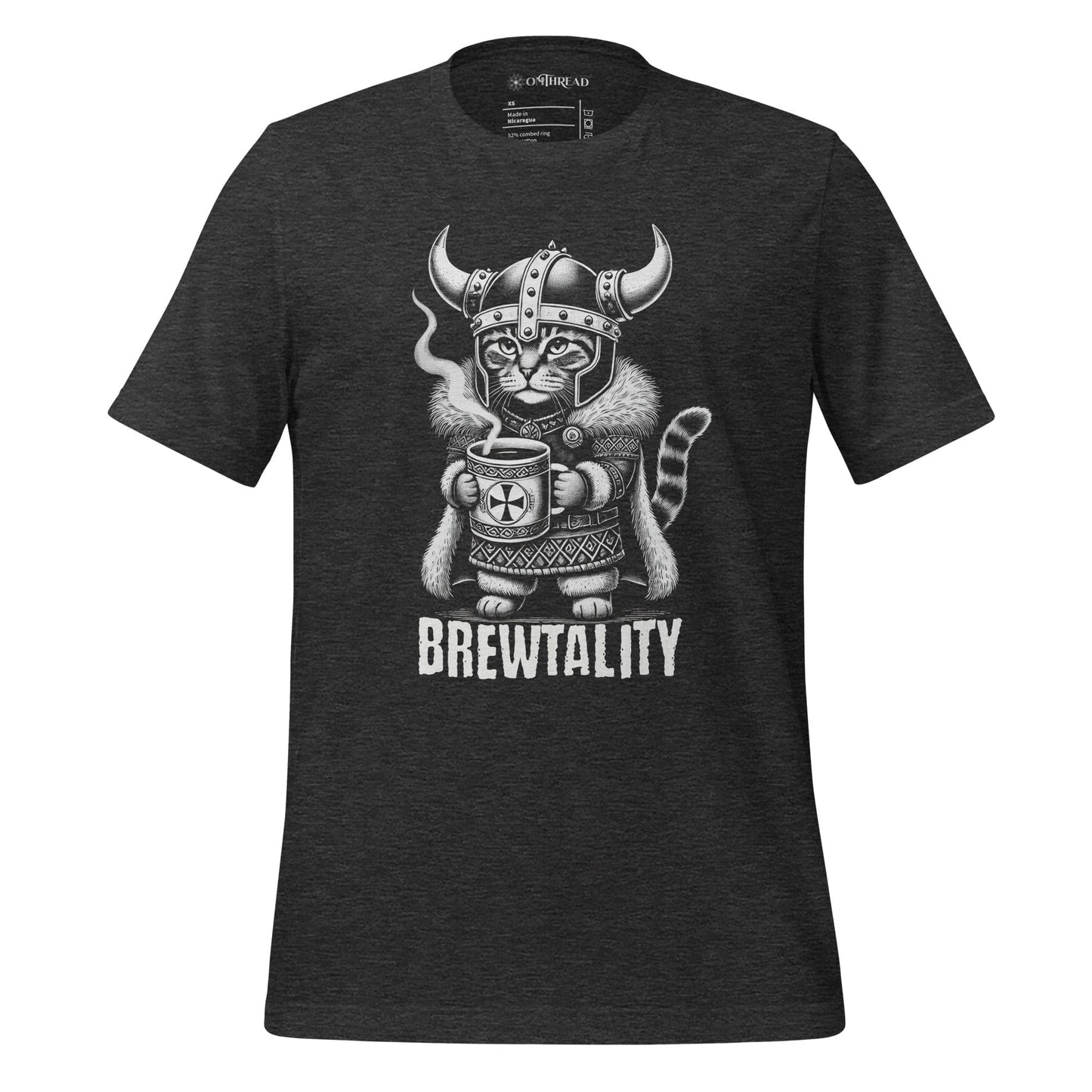 OMTHREAD dark gray t-shirt featuring a Viking cat in a horned helmet, gripping a steaming mug of coffee. The word 'Brewtality' is printed below in bold lettering. The feline wears Nordic-style armor with a fur cape.