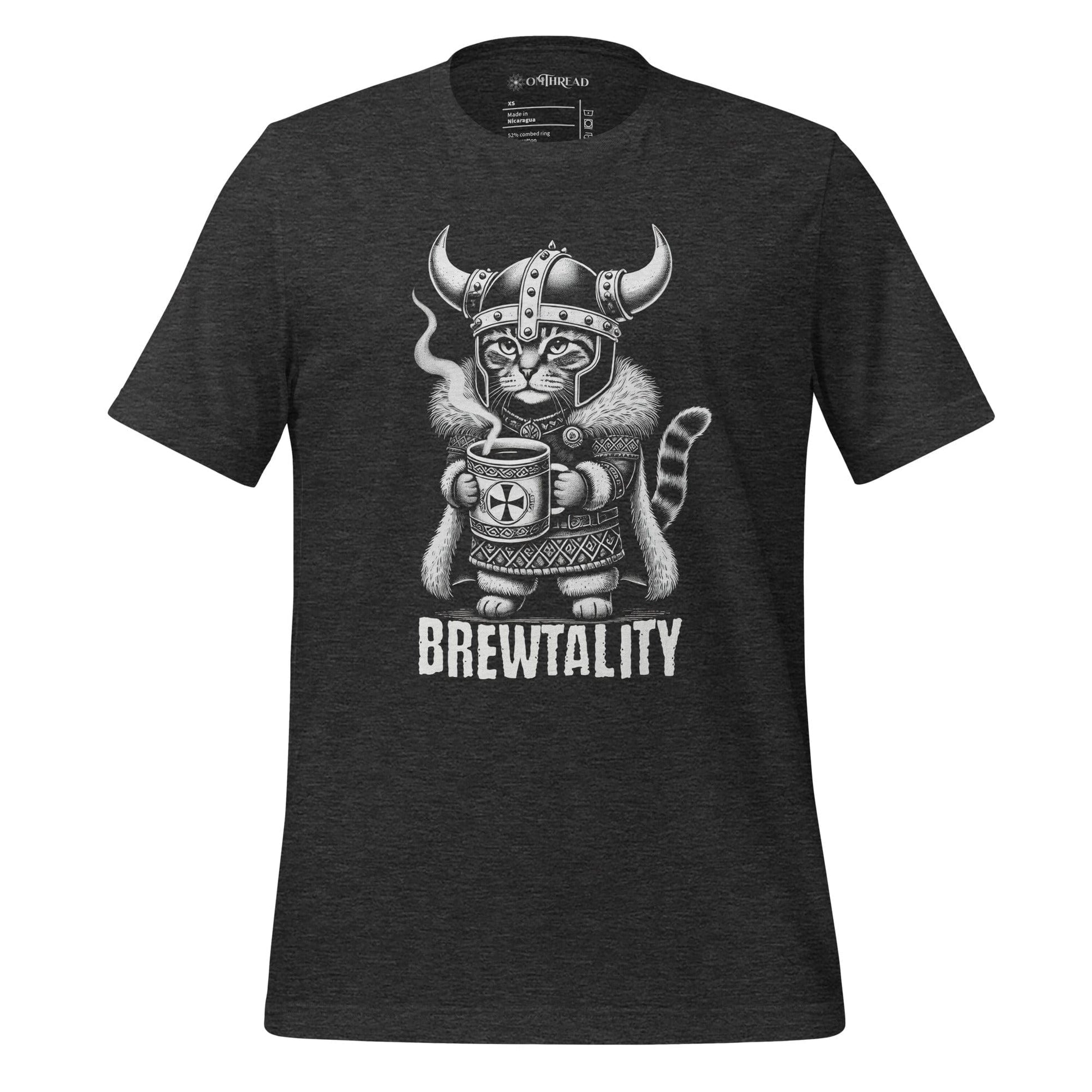OMTHREAD dark gray t-shirt featuring a Viking cat in a horned helmet, gripping a steaming mug of coffee. The word 'Brewtality' is printed below in bold lettering. The feline wears Nordic-style armor with a fur cape.