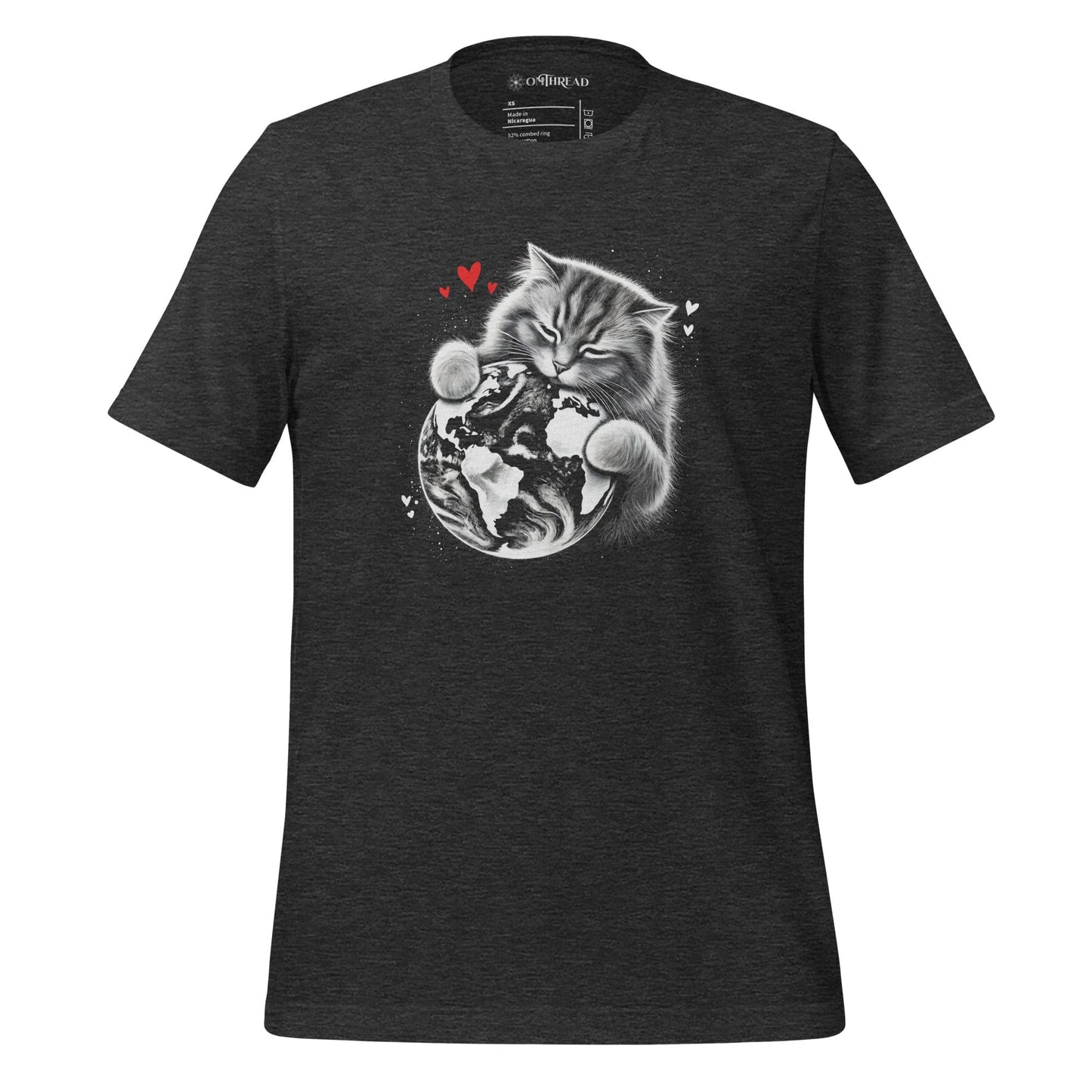OMTHREAD Dark Grey Heather / XS Cat Hugging Earth T-Shirt | Love Earth Tee | Planet Awareness Cat