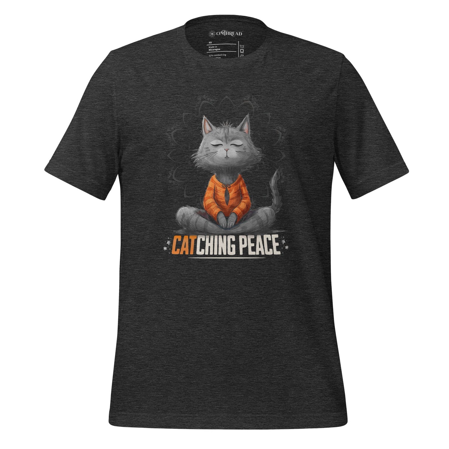 Dark gray t-shirt featuring a meditating cat in a peaceful lotus pose, surrounded by a mandala-inspired design. Below the cat, the text reads 'Catching Peace' in bold typography. Ideal for yoga lovers, mindfulness seekers, and cat enthusiasts.