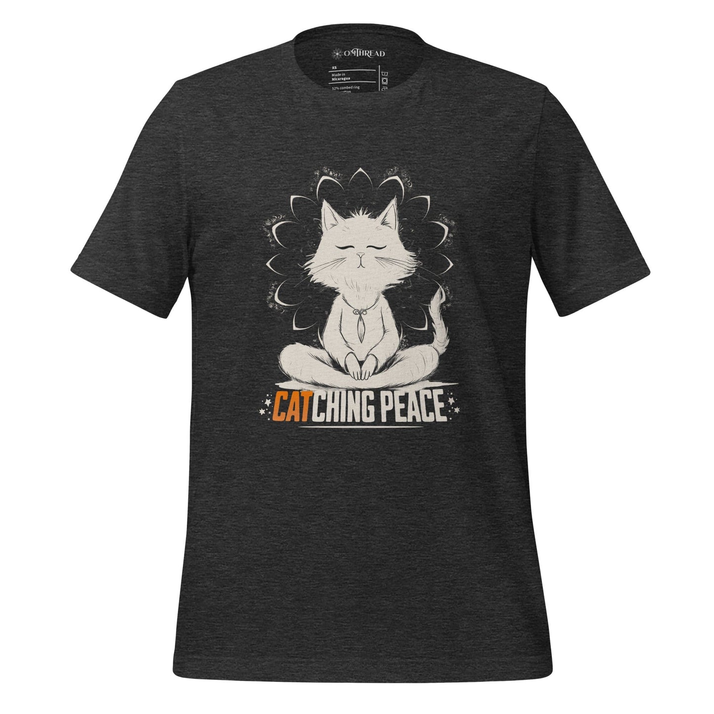 Dark Gray t-shirt featuring a meditating cat in a peaceful lotus pose, surrounded by a mandala-inspired design. Below the cat, the text reads 'Catching Peace' in bold typography. Ideal for yoga lovers, mindfulness seekers, and cat enthusiasts.