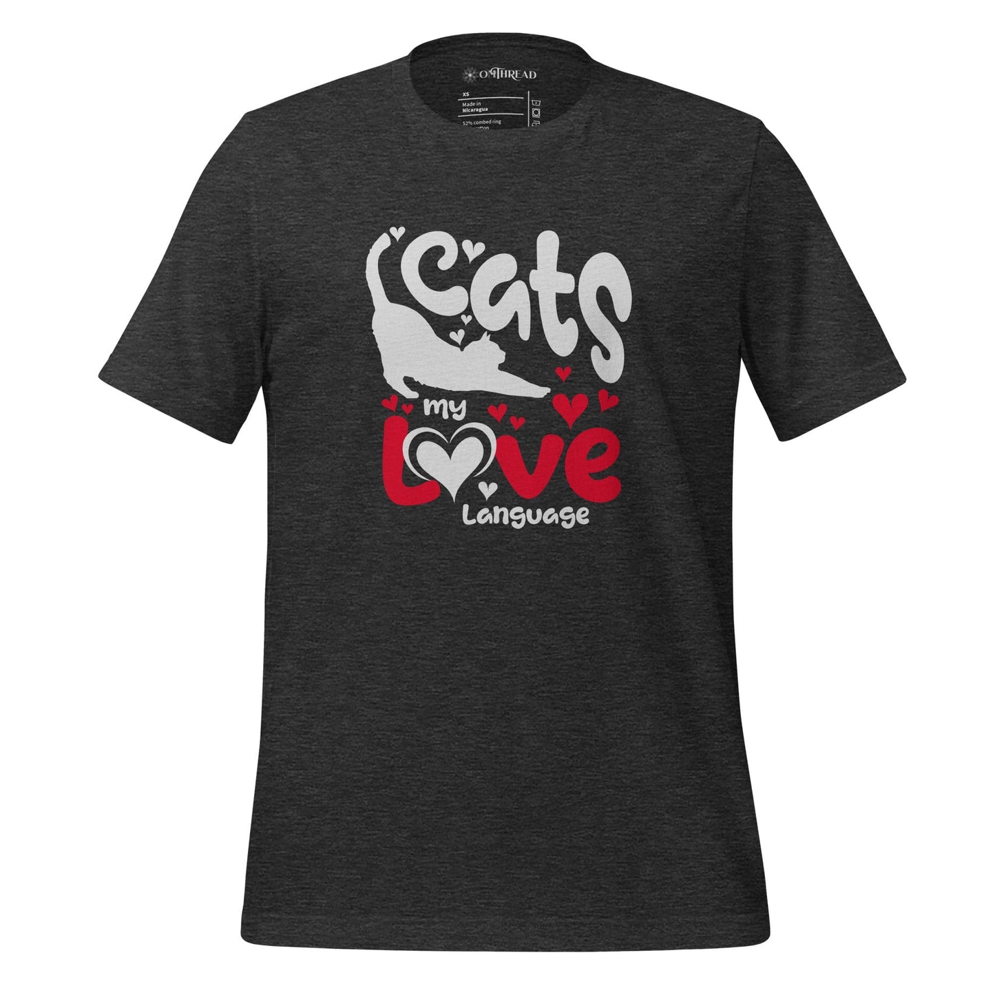 OMThread dark gray t-shirt featuring a bold graphic design with the phrase "Cats My Love Language" in white and red letters. The text is decorated with heart accents, and a playful cat silhouette is integrated into the typography.