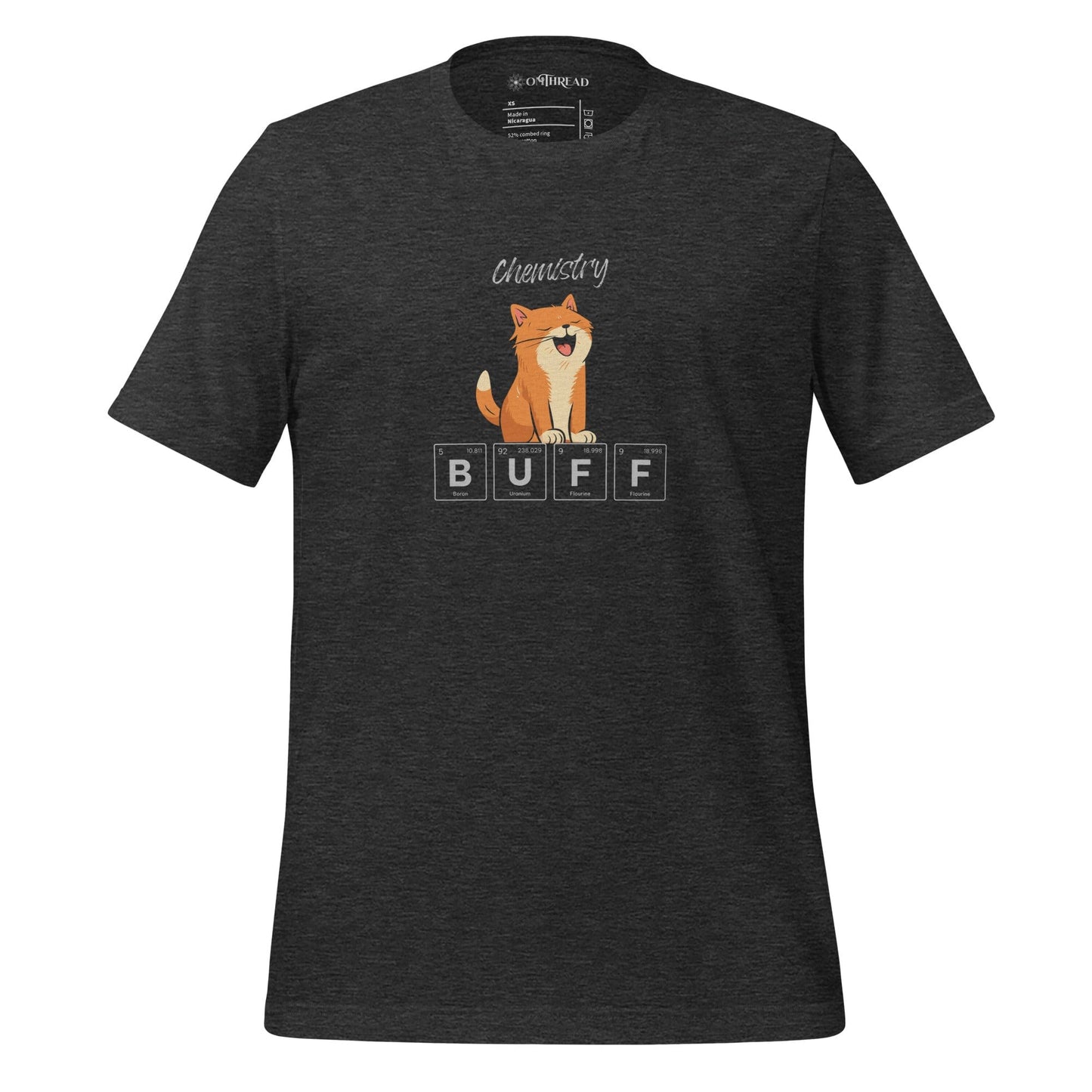 OMThread dark gray t-shirt featuring an orange cat flexing its muscles above periodic table elements spelling "BUFF." The design combines science and humor, with the word "Chemistry" written above.