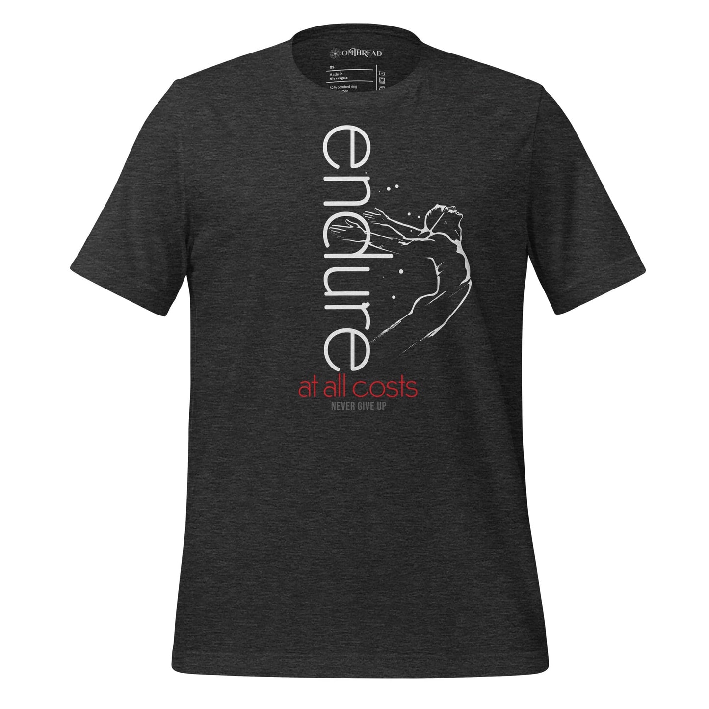 OMThread dark gray t-shirt with white endurance-themed line art of a figure in motion and red text reading "at all costs never give up"
