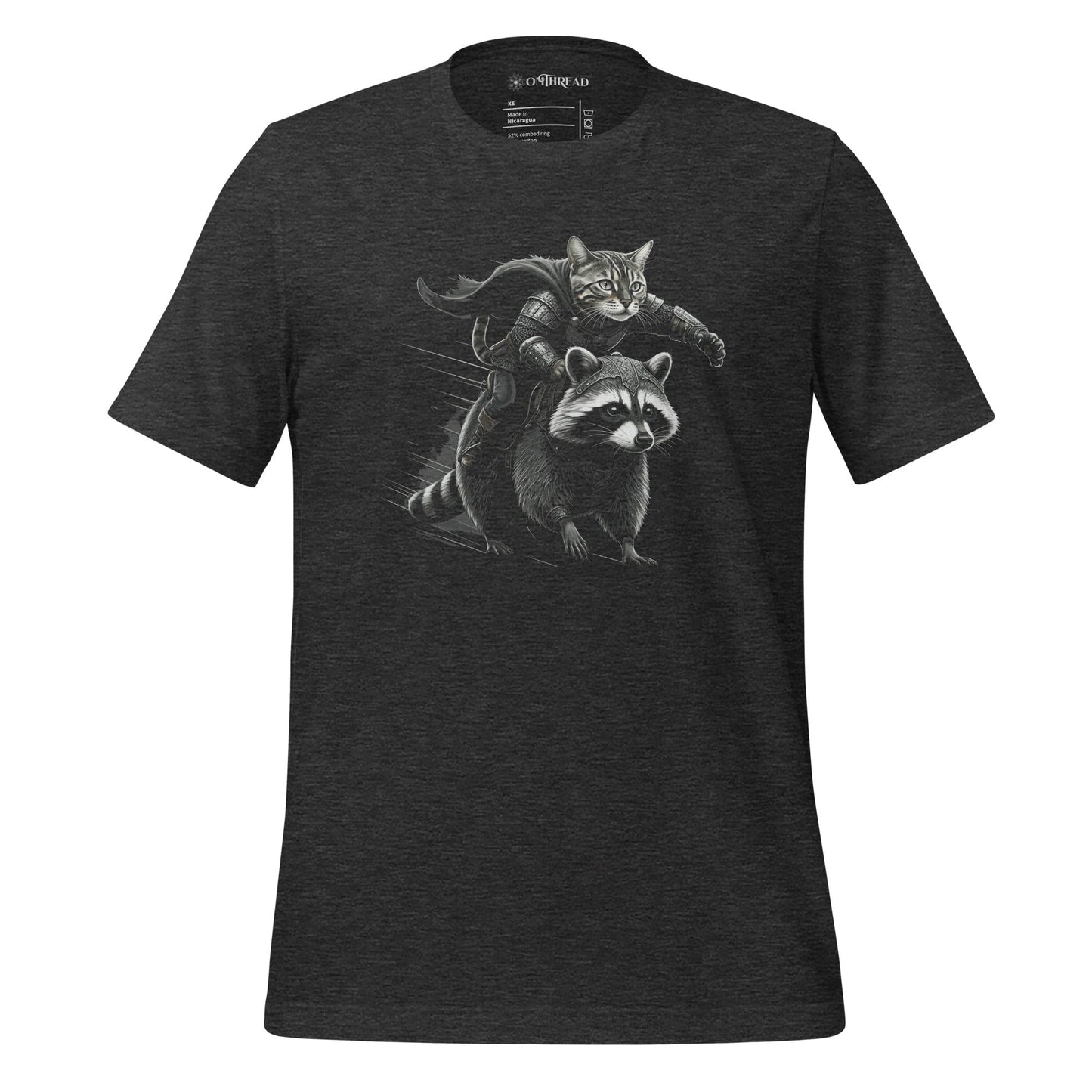 OMThread Viking Cat Warrior dark gray t-shirt featuring an illustration of a fierce cat dressed in Viking armor, gripping a sword while riding a determined raccoon.