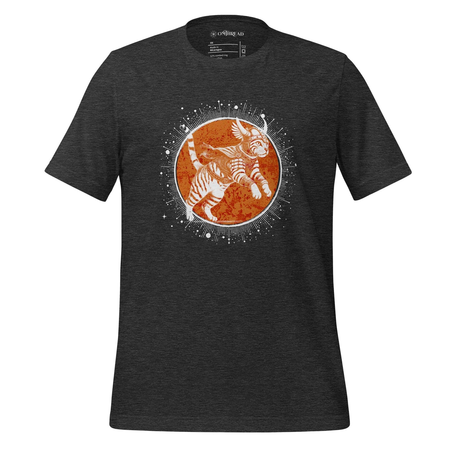 OMThread Epic Warrior Cat dark gray T-Shirt featuring an illustration of a feline dressed in Norse-inspired armor, leaping against a celestial orange backdrop with intricate details. The design highlights Viking mythology influences and a cosmic warrior theme.
