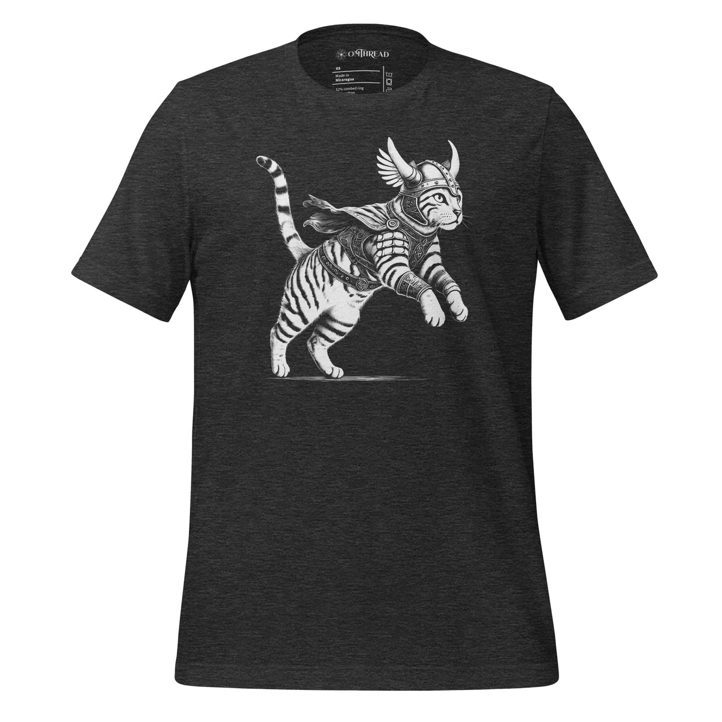 OMThread dark gray t-shirt featuring a detailed illustration of a Viking cat in armor with a horned helmet, flowing cape, and feathered wings. The feline warrior is in an action-ready pose with intricate linework.