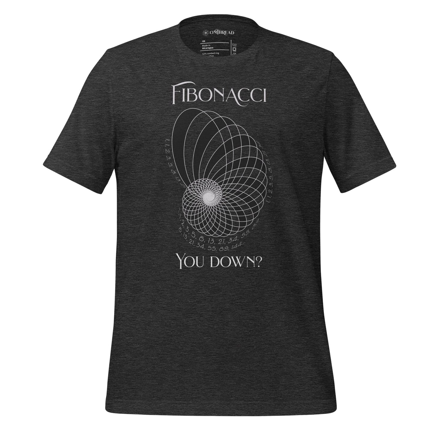 OMTHREAD Fibonacci, You Down? Science Geek Tee, dark grey, Fibonacci sequence design with spiral and numbers