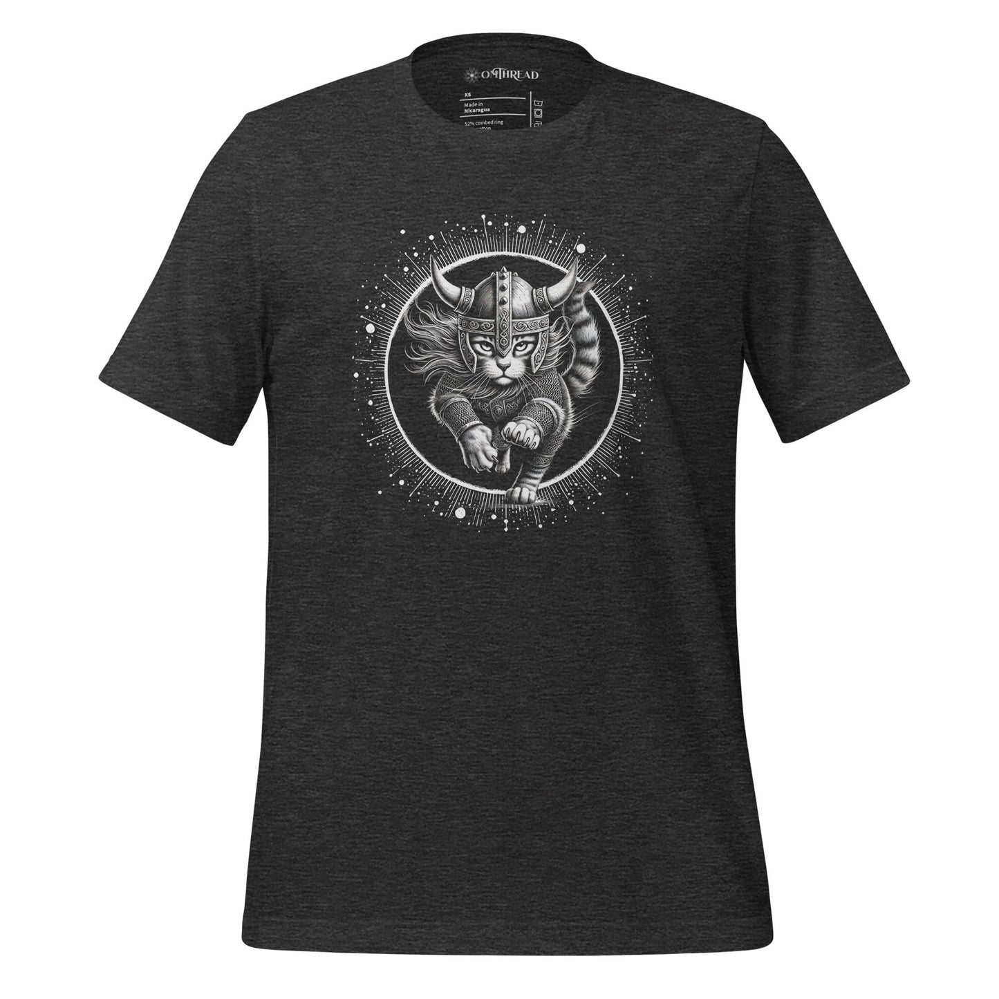 Dark gray t-shirt featuring a Viking cat warrior leaping forward, wearing a horned helmet and armor, set against a cosmic circular background with radiant lines.
