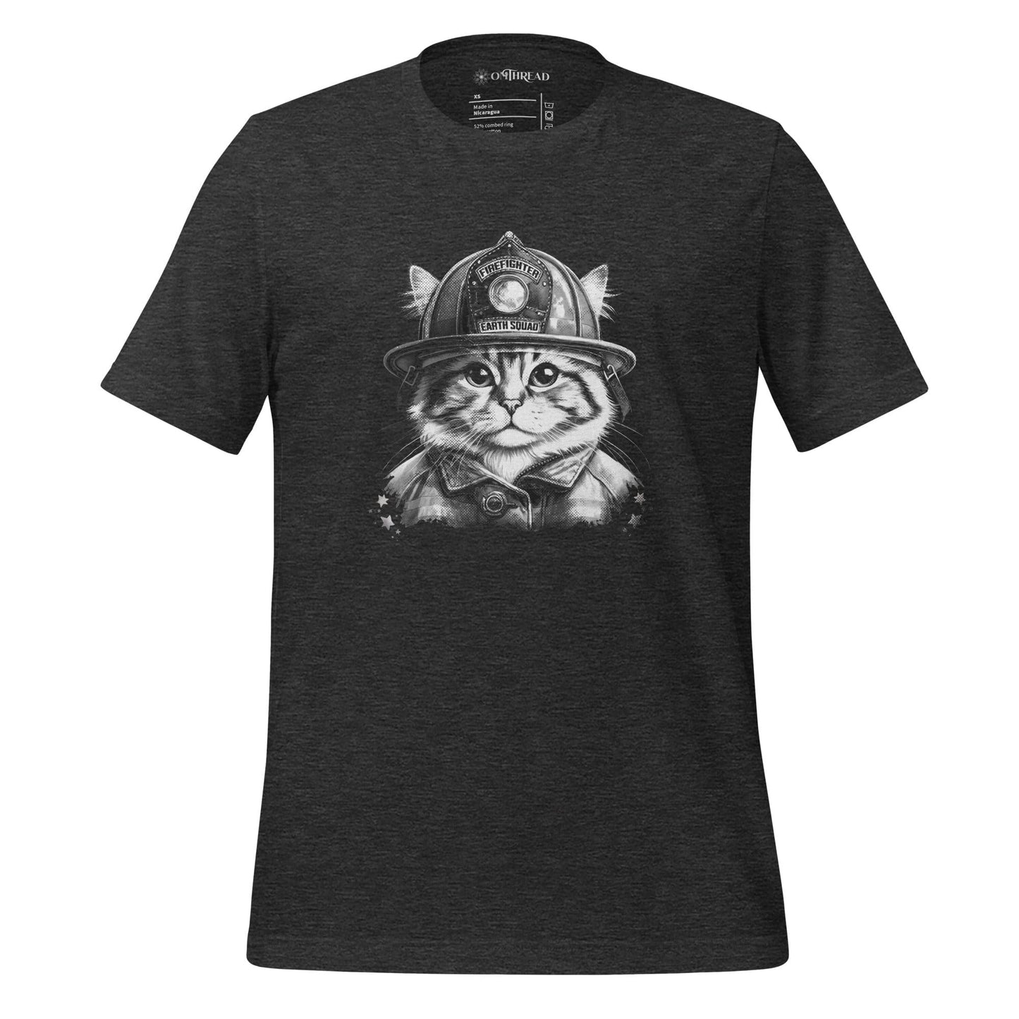 OMThread firefighter cat dark gray t-shirt, featuring a detailed black and white illustration of a cat wearing a firefighter helmet with "Earth Squad" text.