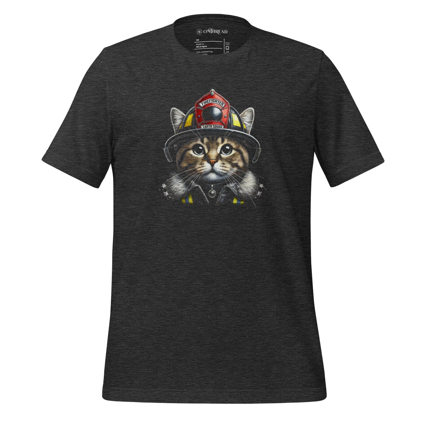 OMThread firefighter cat dark gray t-shirt featuring a detailed illustration of a cat wearing a firefighter helmet labeled "Earth Squad." The design highlights bravery and environmental responsibility.