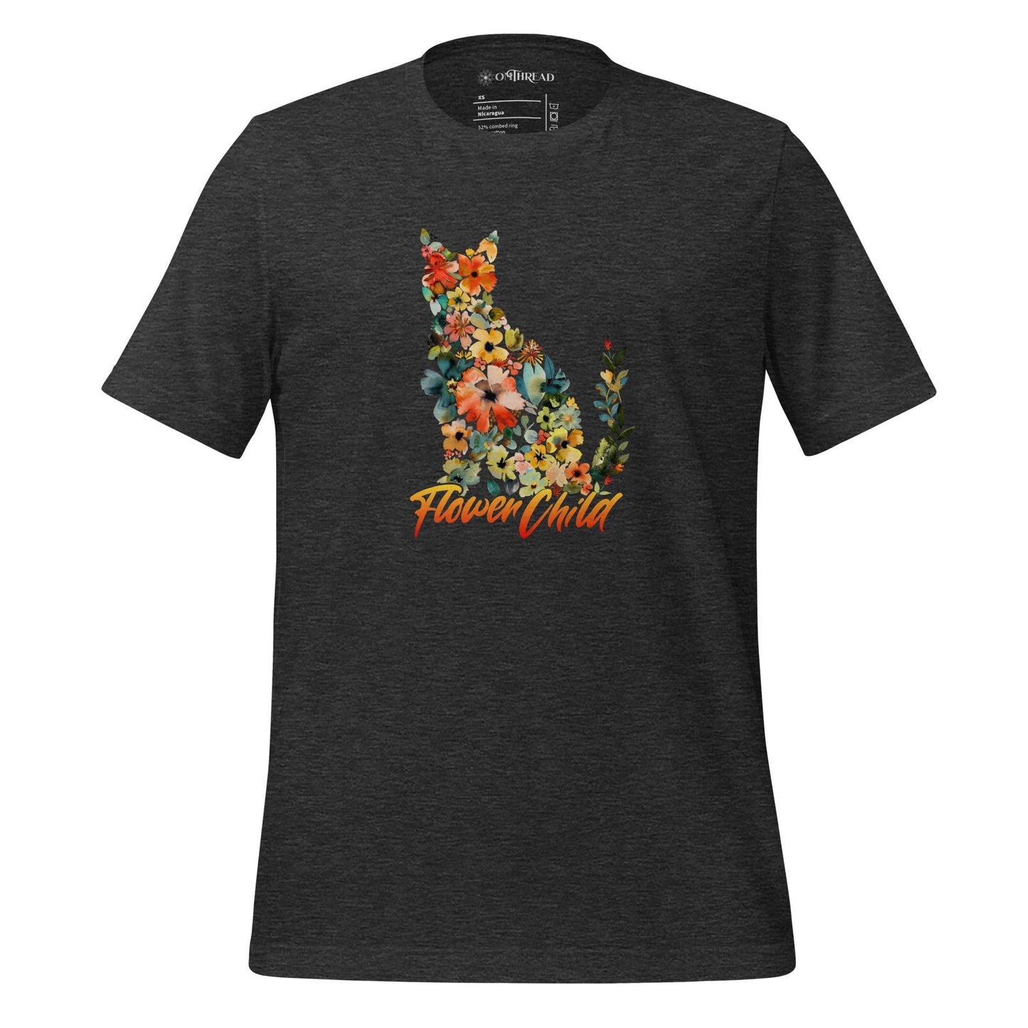 OMTHREAD Dark Grey Heather / XS Floral Cat Flower Child T-Shirt | Nature-Inspired, Spring Season Cat Lover Tee
