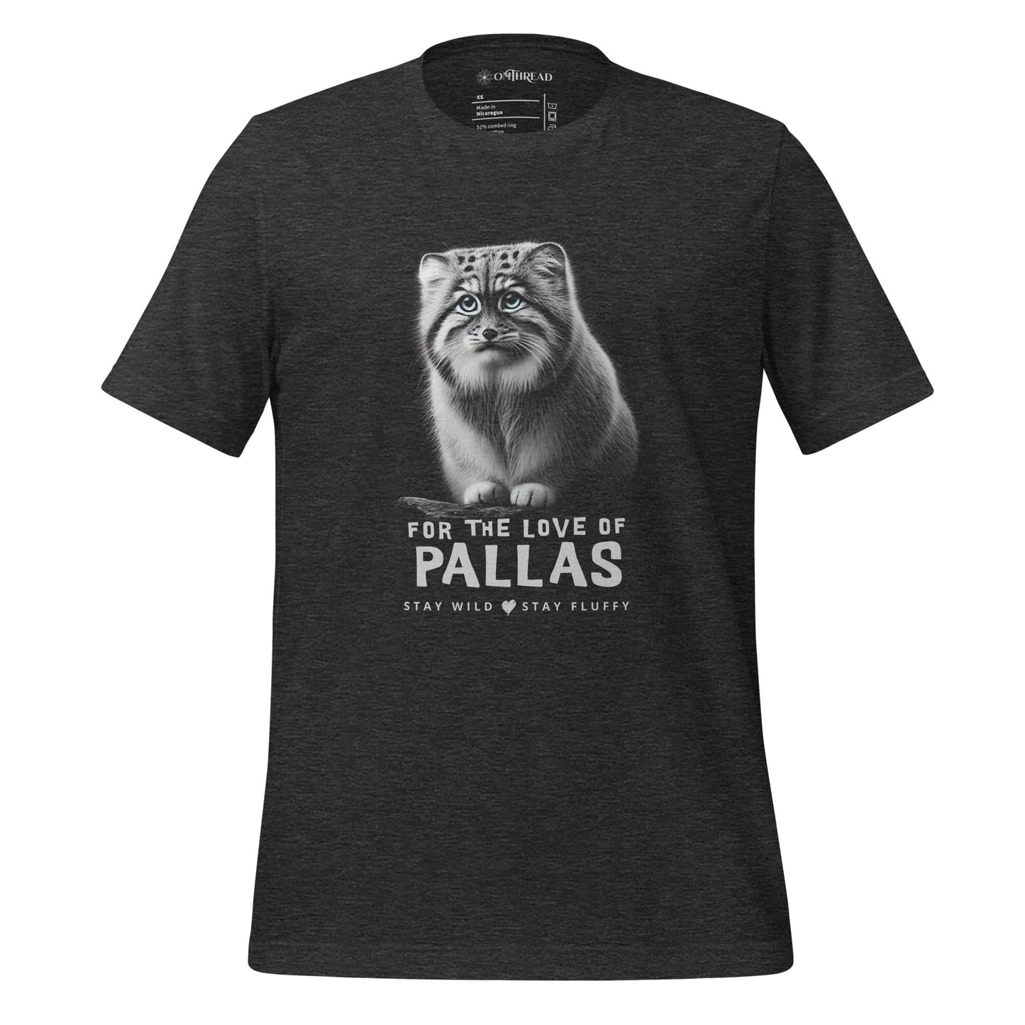 OMThread dark gray t-shirt featuring a detailed illustration of a Pallas cat sitting on a branch. The design includes bold text that reads "For the Love of Pallas" with the phrase "Stay Wild Stay Fluffy" underneath. The artwork is monochromatic with soft shading.