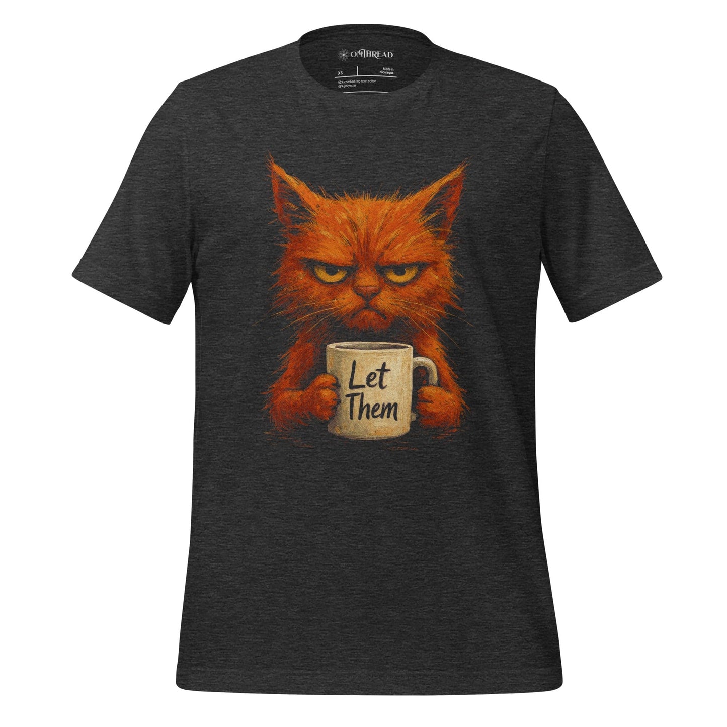OMTHREAD Dark Grey Heather / XS Grumpy Cat Let Them Mug T-Shirt, Funny Orange Cat Tee, Moody Cat Coffee Shirt