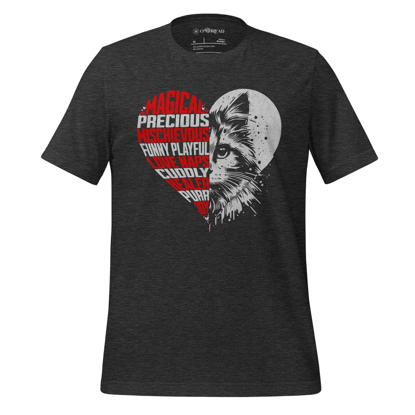 OMTHREAD Dark Grey Heather / XS Heart Cat Word Art T-Shirt, Cute Cat Lover Shirt, Gift for Cat Moms and Dads
