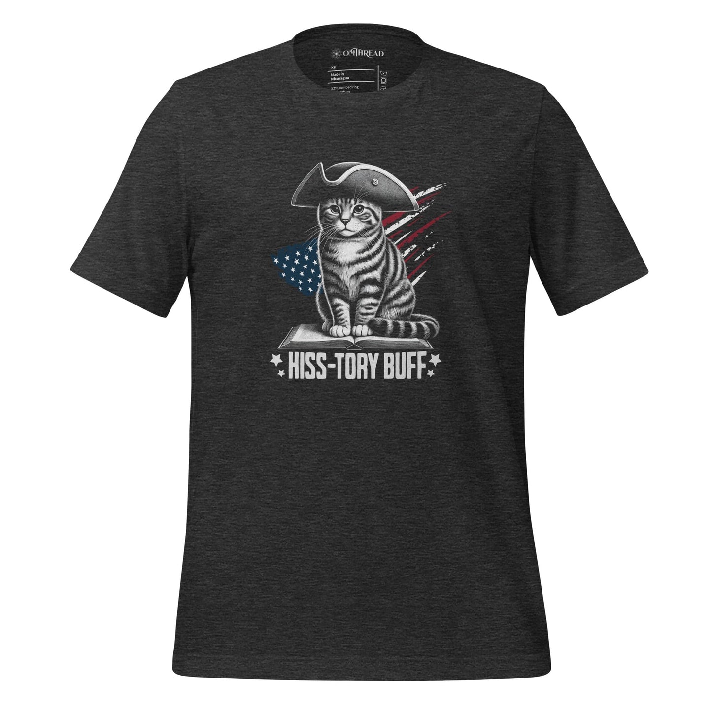 OMThread Dark Gray Hiss-tory Buff Cat T-Shirt featuring a colonial-style tabby cat sitting on a book, wearing a tricorn hat, with an American flag background. The design includes bold text that reads 'Hiss-tory Buff.' Printed on a black unisex t-shirt.