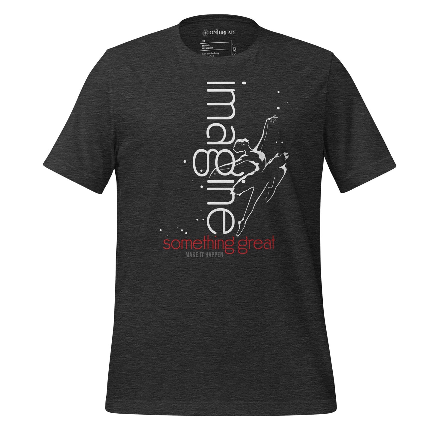 OMTHREAD dark gray t-shirt featuring a dynamic illustration of a dancer leaping with the text "imagine something great" in white and red.