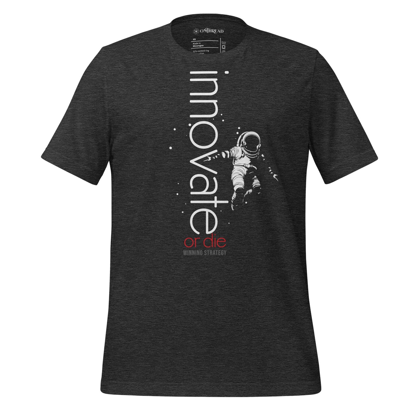 OMTHREAD dark gray t-shirt featuring an astronaut floating in space with the words "Innovate or Die" in vertical typography, accented with red text.