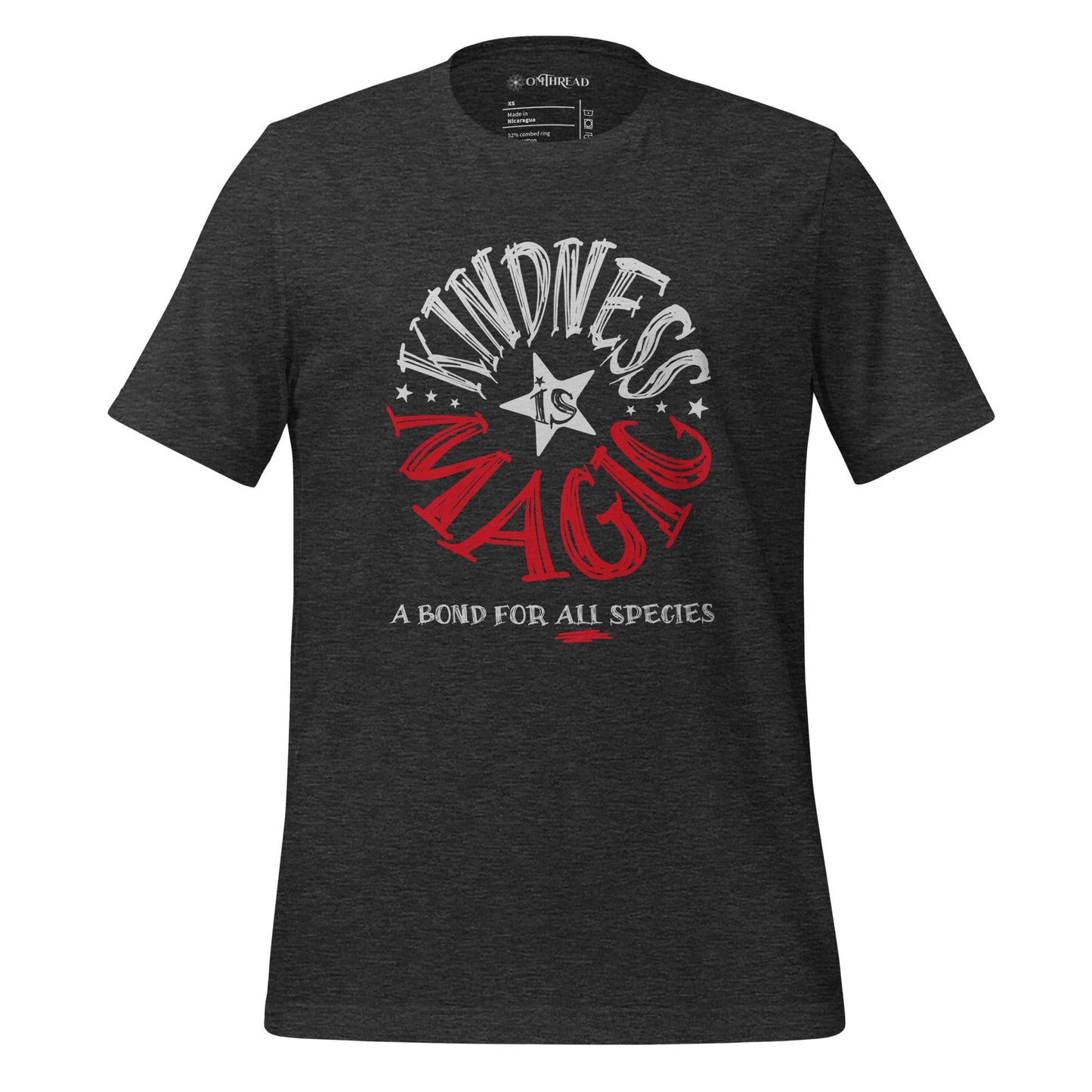OMTHREAD Dark Grey Heather / XS Kindness Is Magic, A Bond for All Species Retro T-Shirt, Positive Vibes Tee, Groovy Graphic Shirt