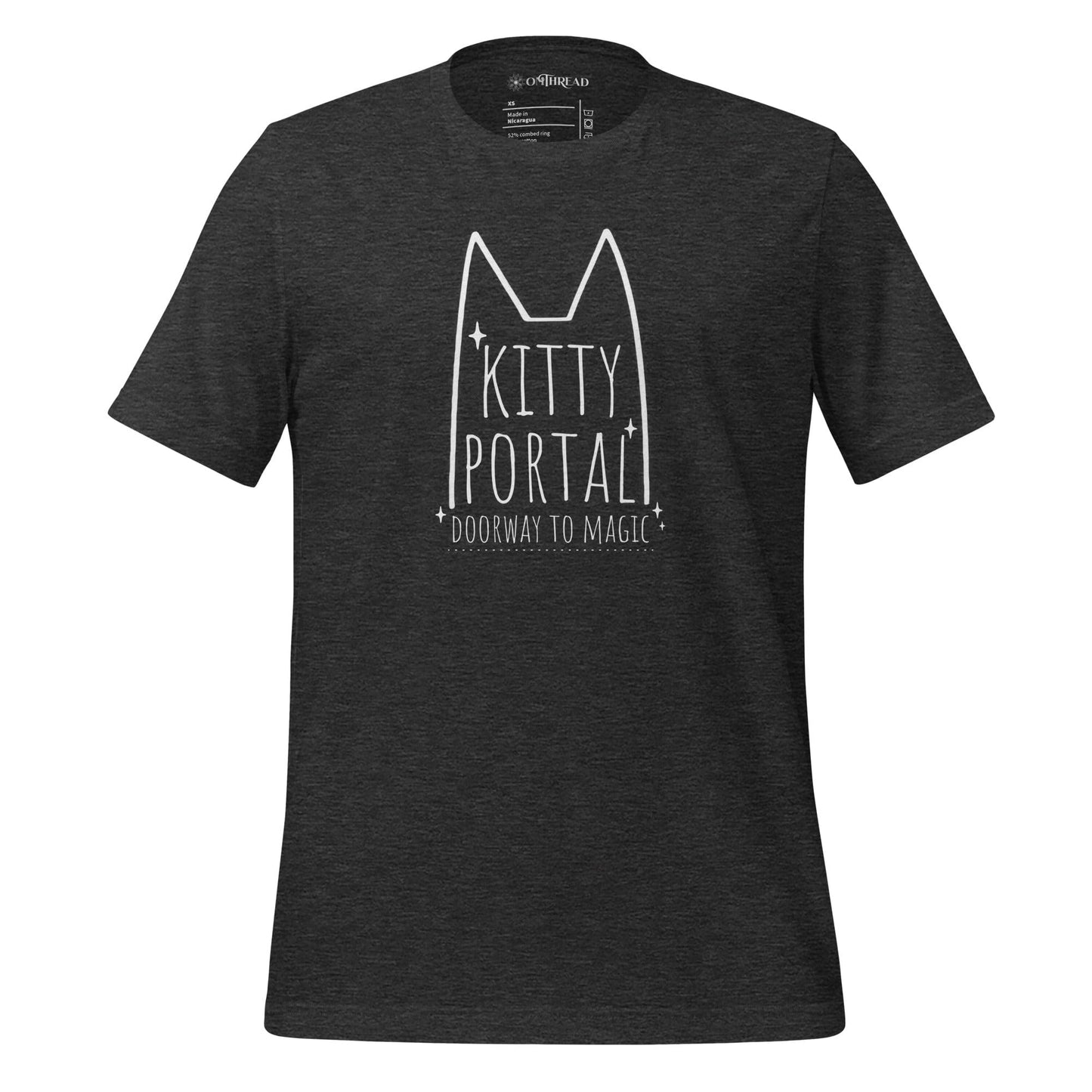 OMTHREAD dark gray t-shirt featuring a minimalist white cat outline with pointed ears, sparkling accents, and the text "Kitty Portal - Doorway to Magic" in a handwritten-style font.