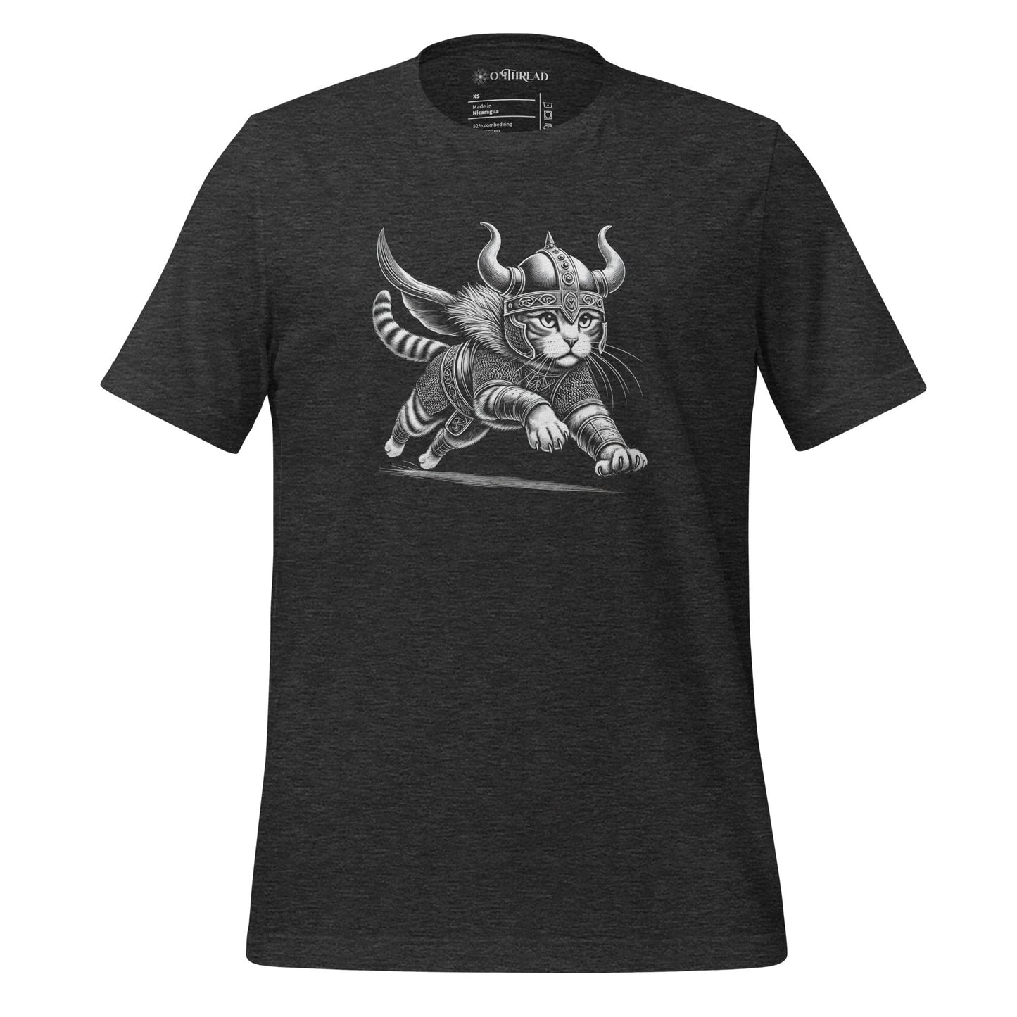 OMThread dark gray t-shirt featuring a detailed illustration of a Viking cat in mid-leap, wearing intricate Norse armor with a horned helmet. The feline has a fierce expression, gripping a sword with extended claws.