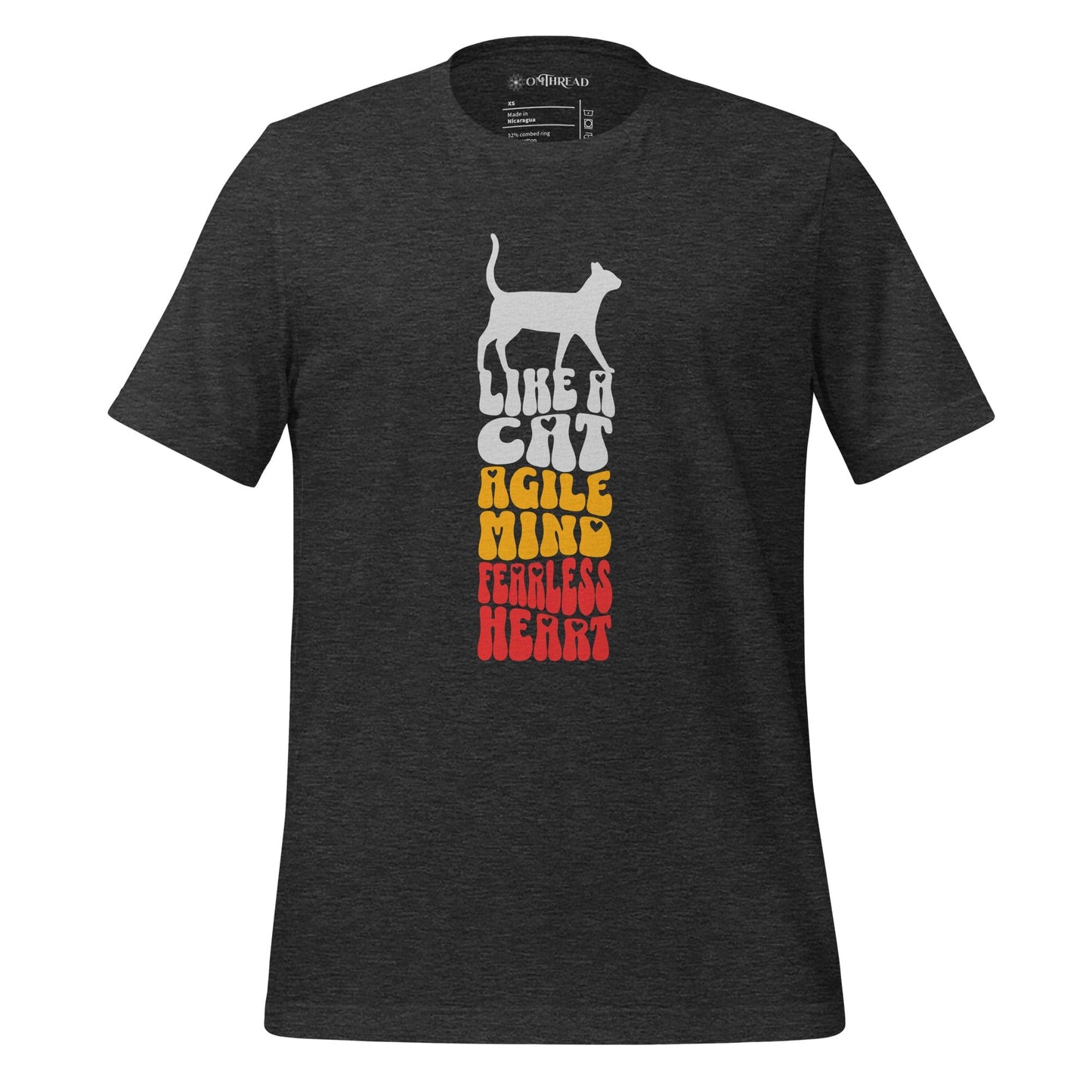 OMTHREAD Like a Cat dark gray T-Shirt featuring bold typography stacked in gradient colors with the phrase "Like a Cat Agile Mind Fearless Heart" and a cat silhouette.