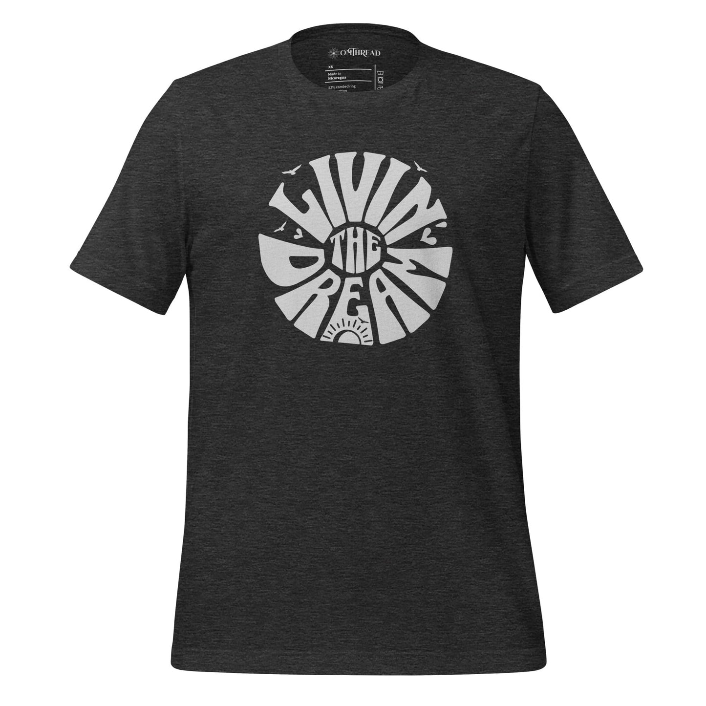 OMTHREAD gray t-shirt featuring white retro-style typography reading "Livin' the Dream" in a circular design with sun, birds, and heart elements.