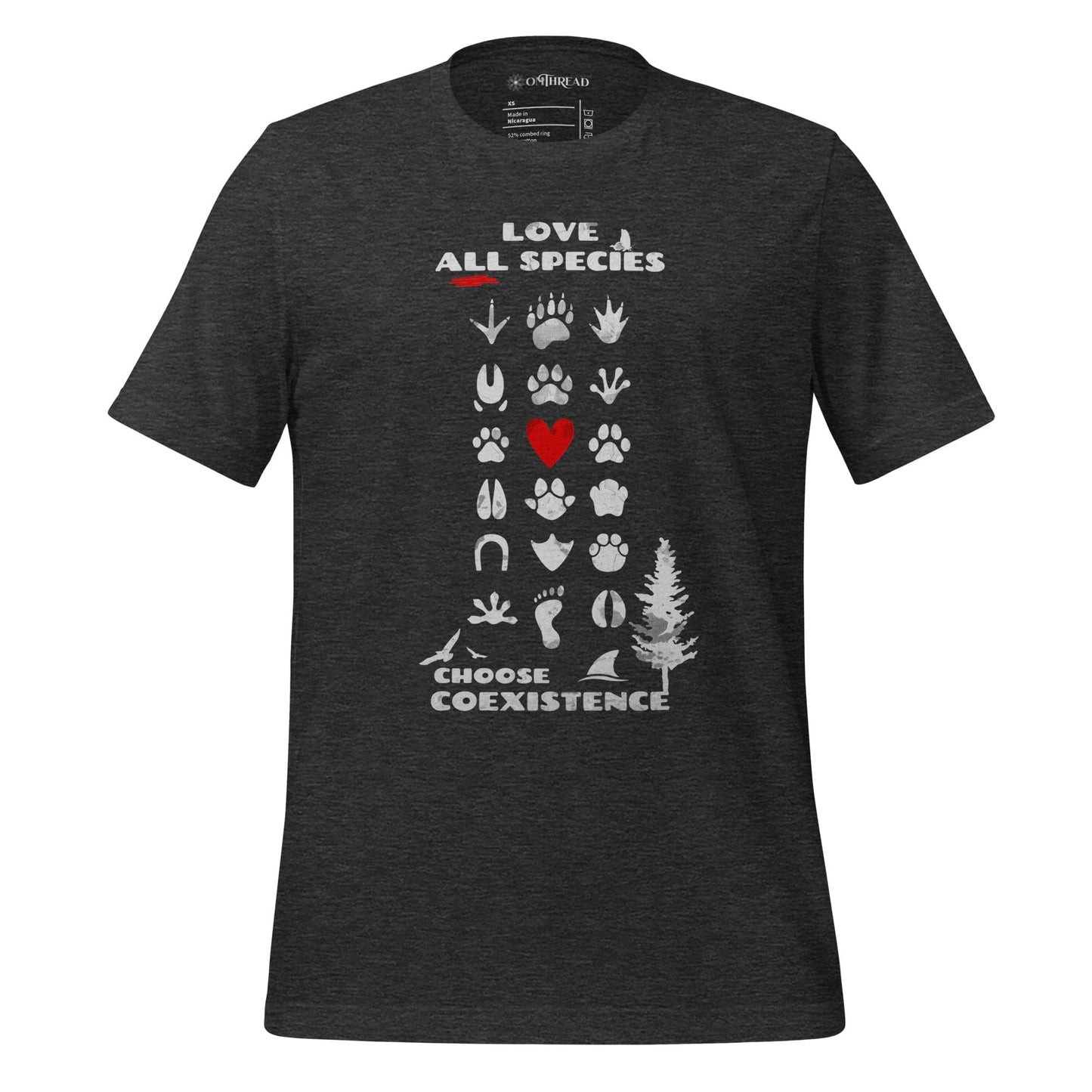 OMTHREAD Dark Grey Heather / XS Love All Species Choose Coexistence T-Shirt Animal Footprint Nature Conservation Tee