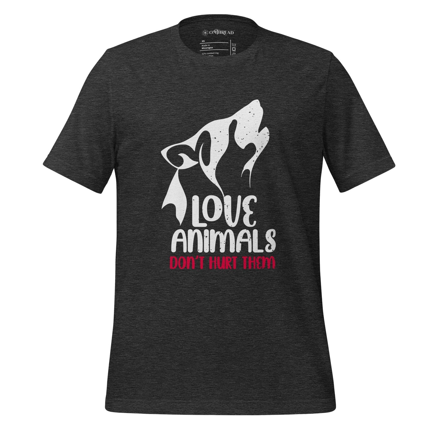 OMThread dark gray t-shirt featuring a white and red design of a stylized wolf howling with the words "Love Animals, Don't Hurt Them" in bold typography