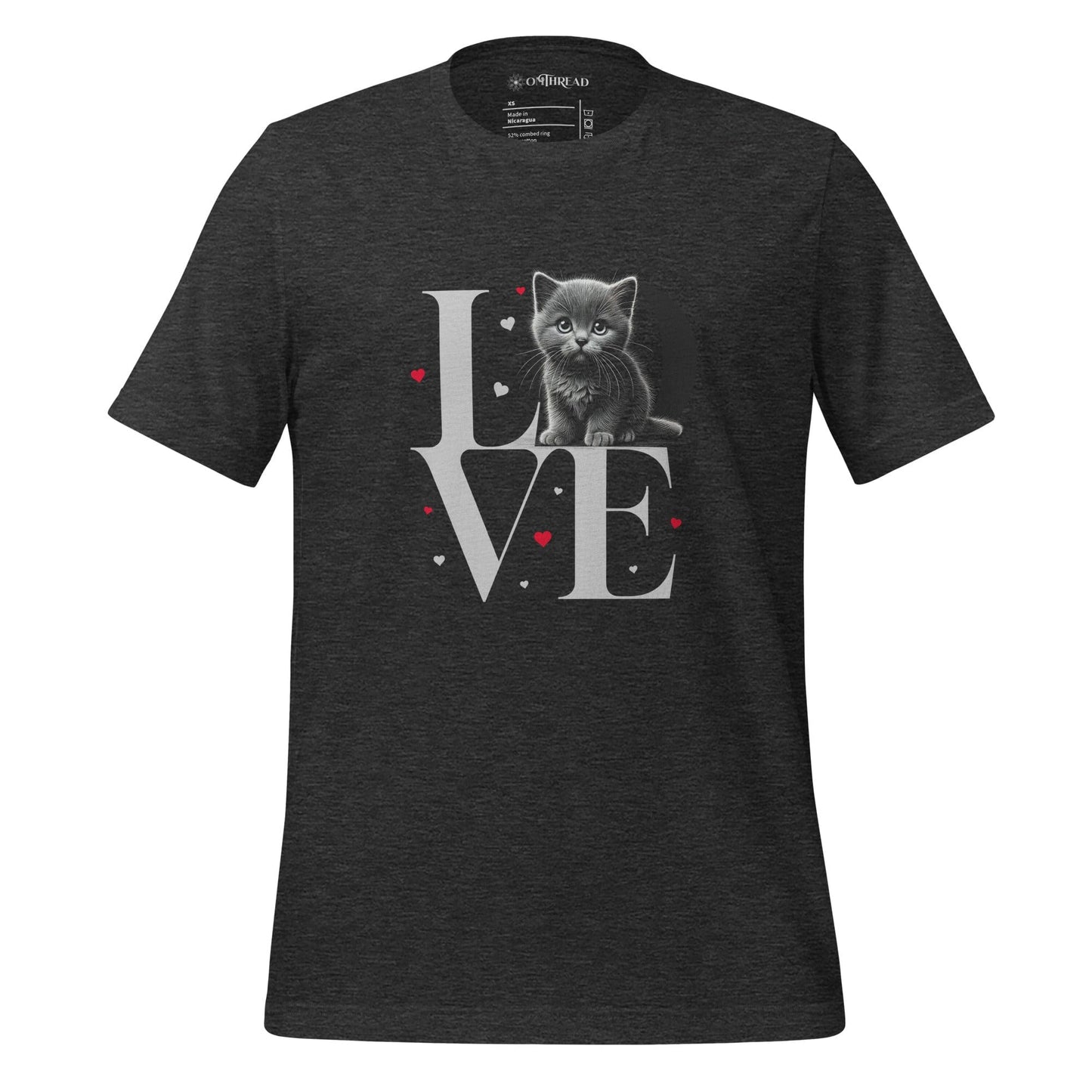 OMThread dark gray t-shirt featuring a detailed design with the word "LOVE" in large serif letters. A gray kitten sits inside the letter "O," surrounded by small red and pink hearts.
