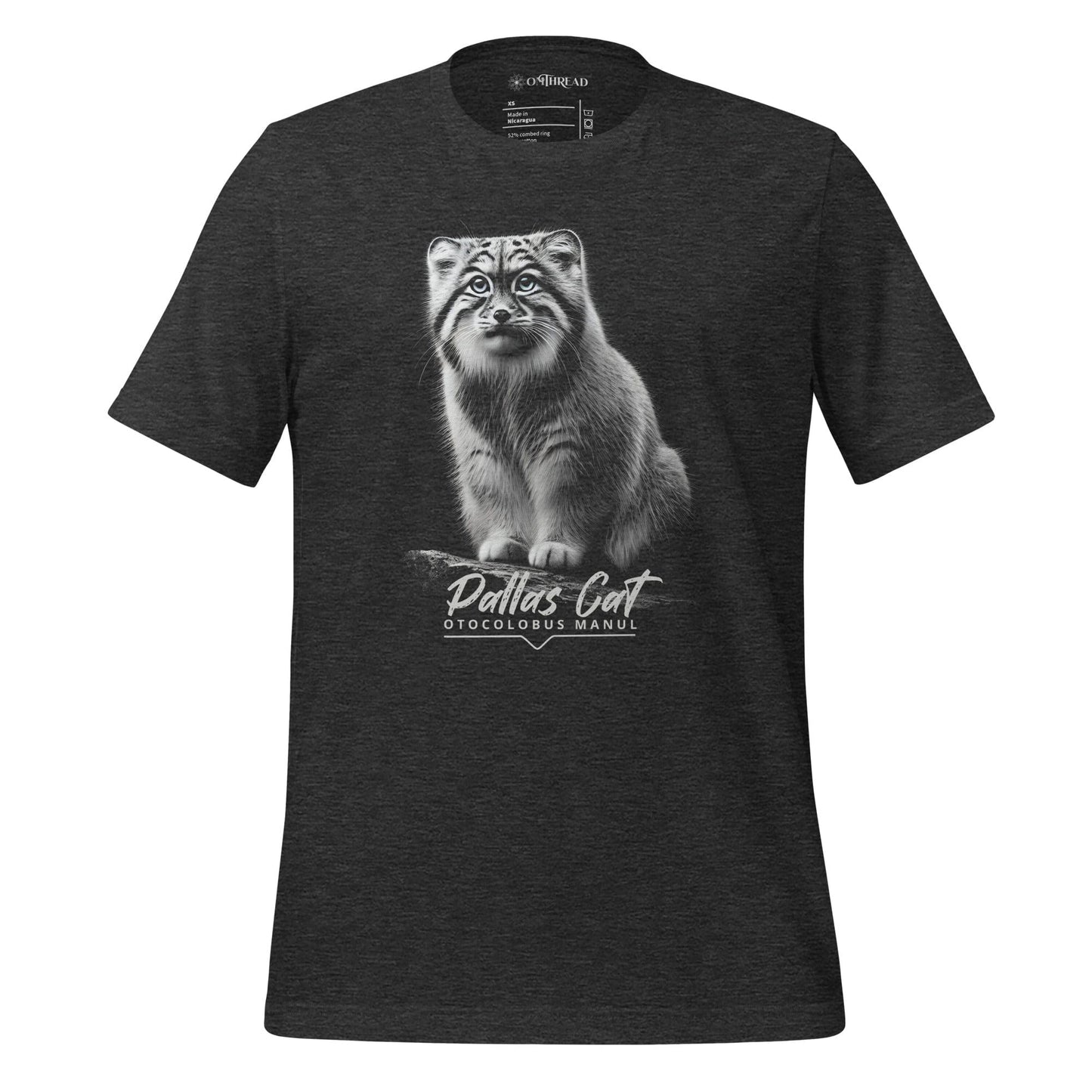 OMThread dark gray t-shirt featuring a detailed black-and-white illustration of a Pallas cat sitting on a branch. The cat has intense eyes and finely detailed fur. Below the image, "Pallas Cat" is written in an elegant script, with "Otocolobus Manul" in a modern font.