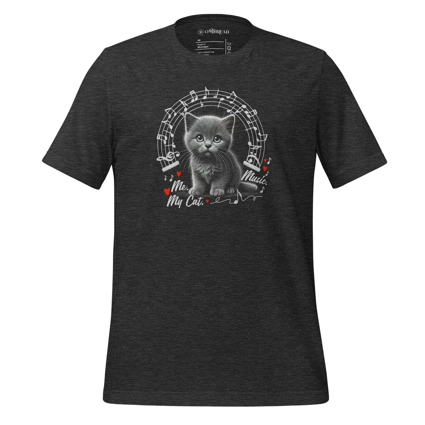 OMThread Me My Cat and Music dark gray T-Shirt featuring an illustration of a kitten surrounded by musical notes. The kitten sits under an arch of music symbols with heart accents, creating a whimsical design that blends feline charm with a love for music.